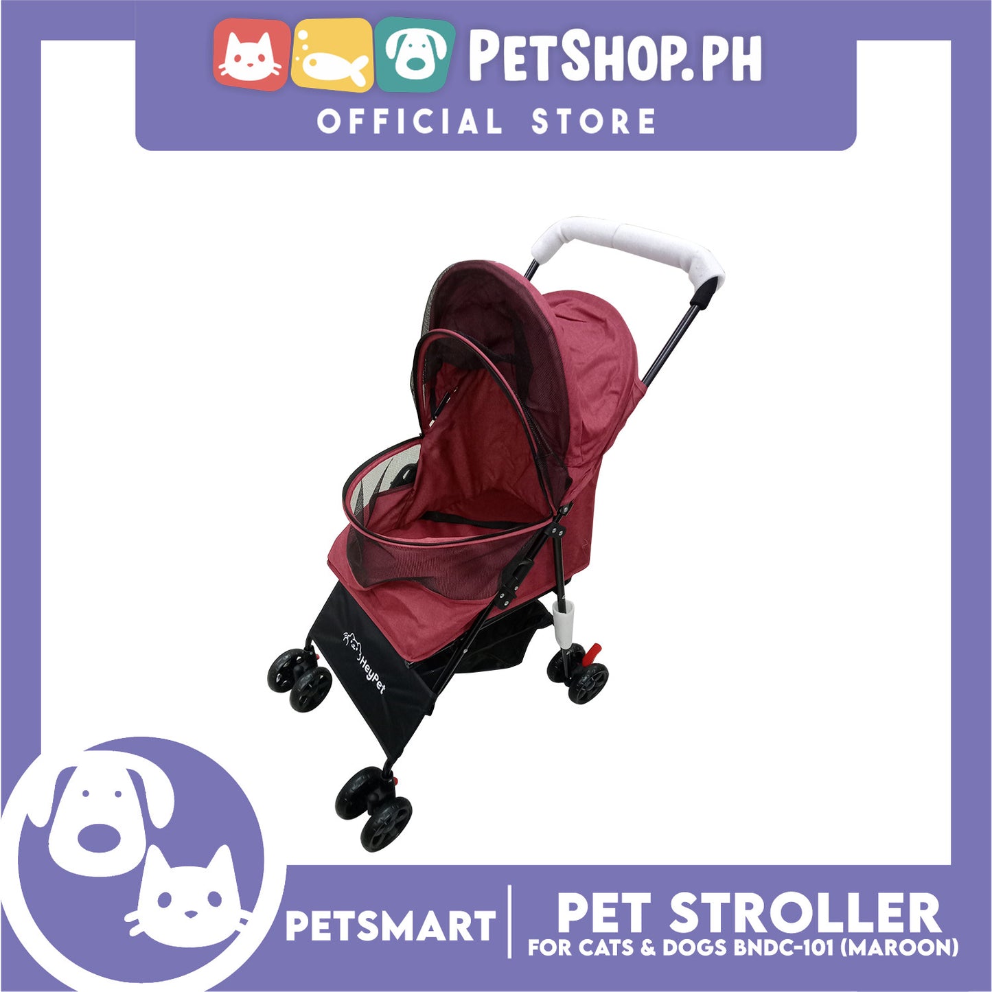 HeyPet Pet Stroller / Carrier Four Wheel Foldable Stroller for Pet Cat & Dog (Maroon) BNDC-101