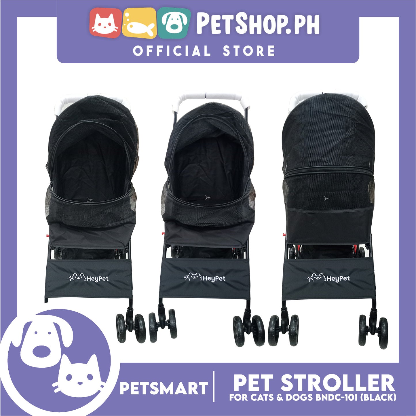 HeyPet Pet Stroller / Carrier Four Wheel Foldable Stroller for Pet Cat & Dog (Black) BNDC-101