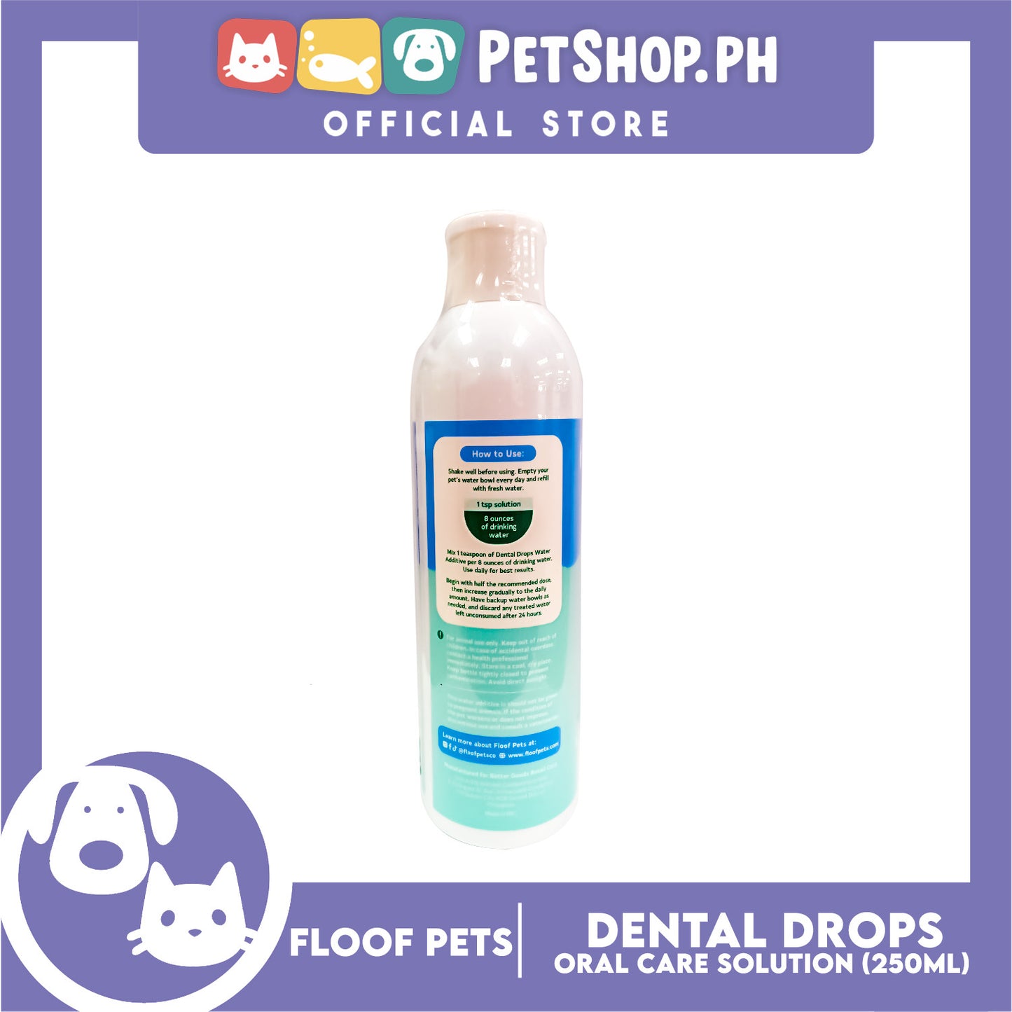 Floof Pets Dental Drops Water Additive Oral Care Solution for Cats and Dogs 250ml