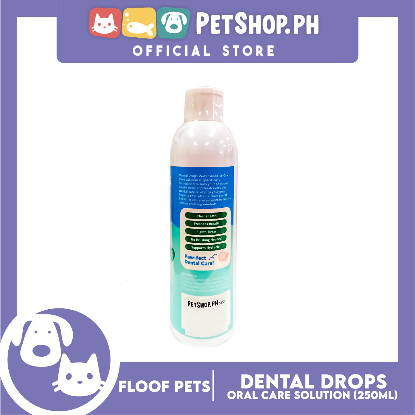 Floof Pets Dental Drops Water Additive Oral Care Solution for Cats and Dogs 250ml