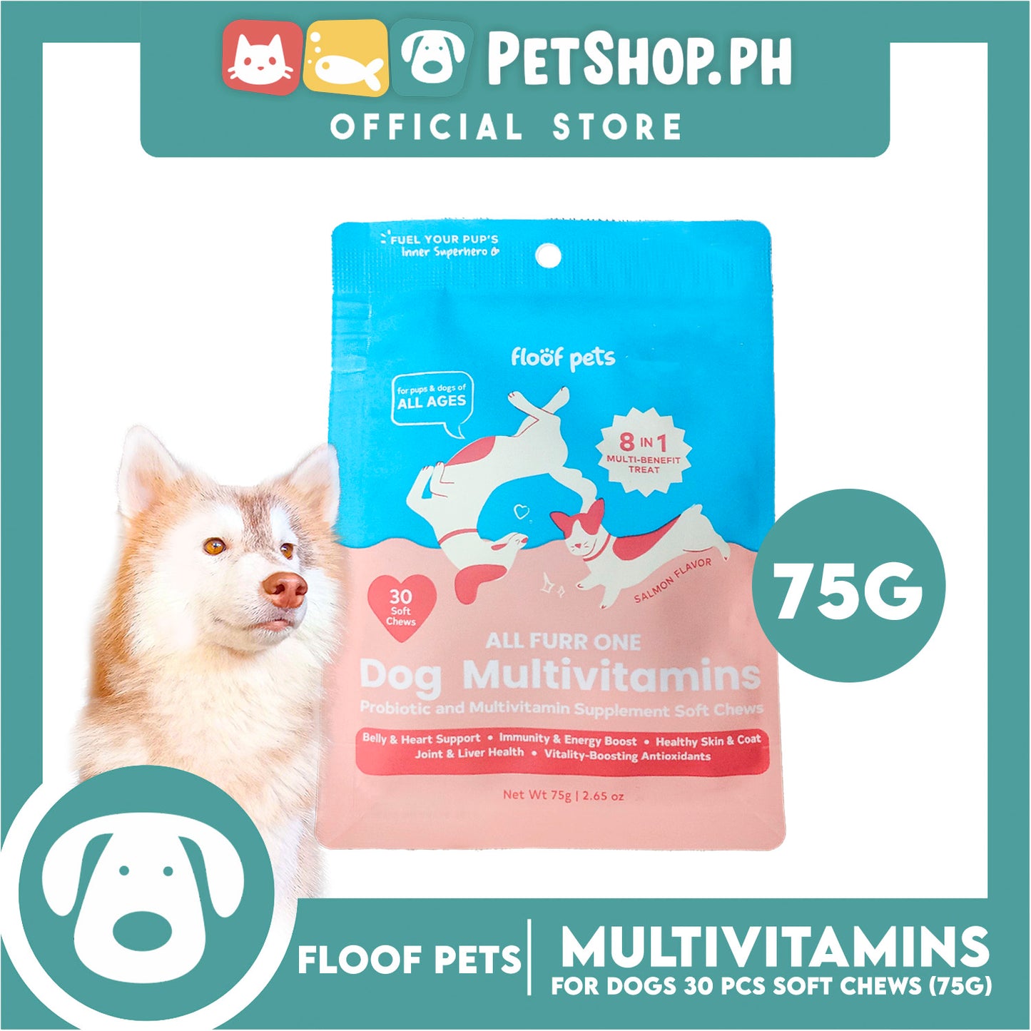 Floof Pets Dog Multivitamins All Furr One 8-in-1 Multi-Benefit Treat for All Ages 75g