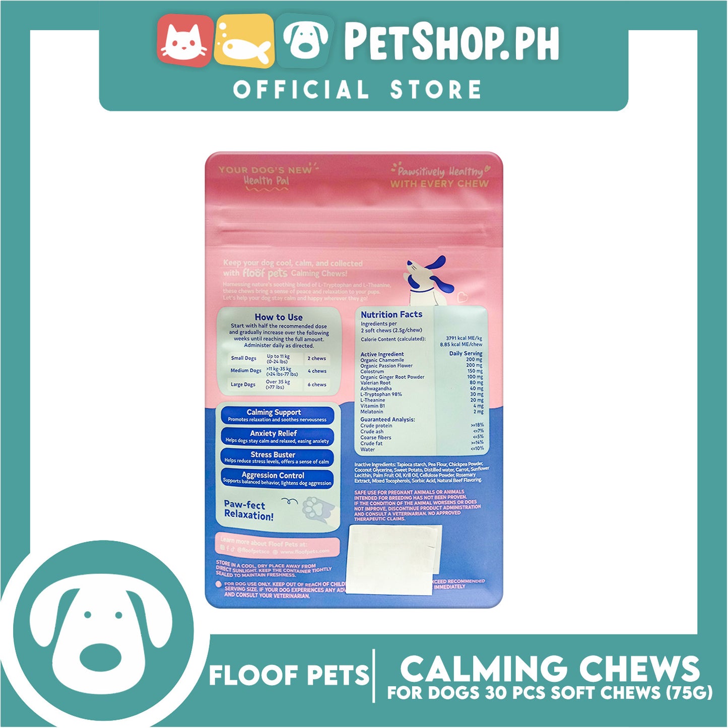 Floof Pets Calming Chews Dietary Food Supplement (Beef Flavor) for All Ages 75g 2.65oz