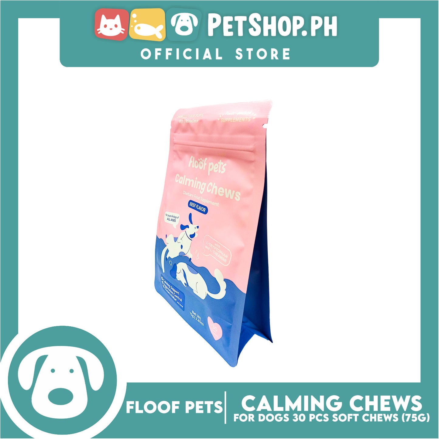 Floof Pets Calming Chews Dietary Food Supplement (Beef Flavor) for All Ages 75g 2.65oz