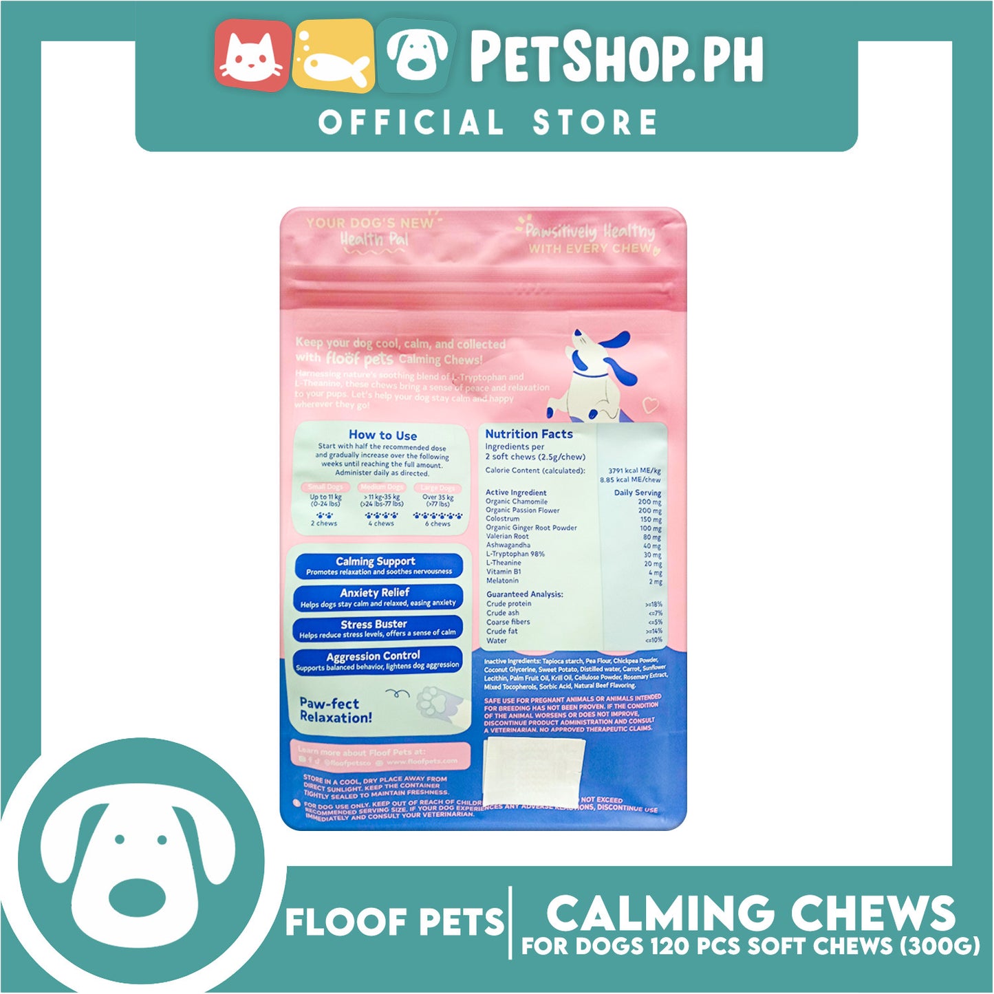 Floof Pets Calming Chews Dietary Food Supplement (Beef Flavor) for All Ages 300g 10.8 oz