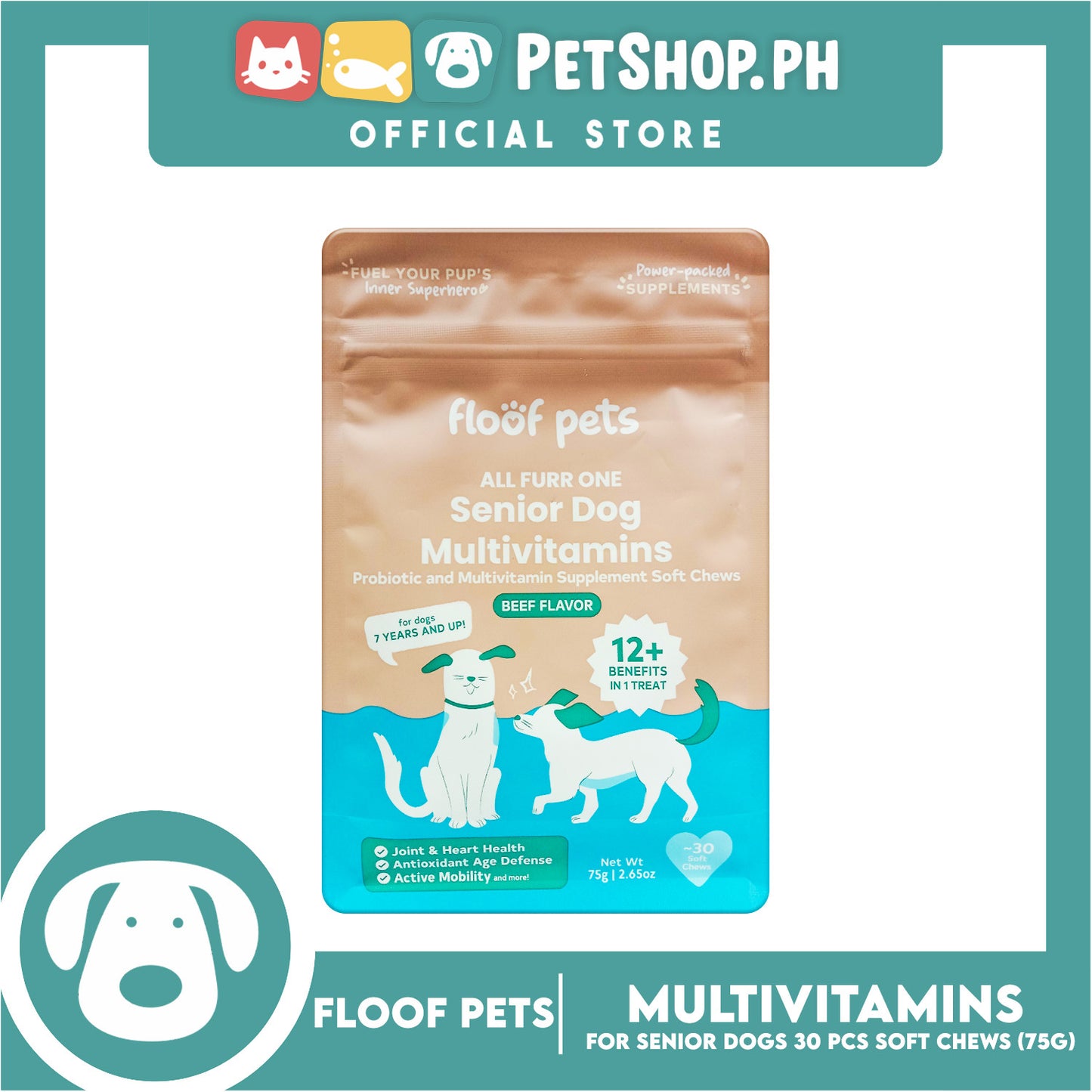 Floof Pets Senior Dog Multivitamins Probiotic and Multivitamin Supplement Soft Chews (Beef Flavor) 75g 2.65oz