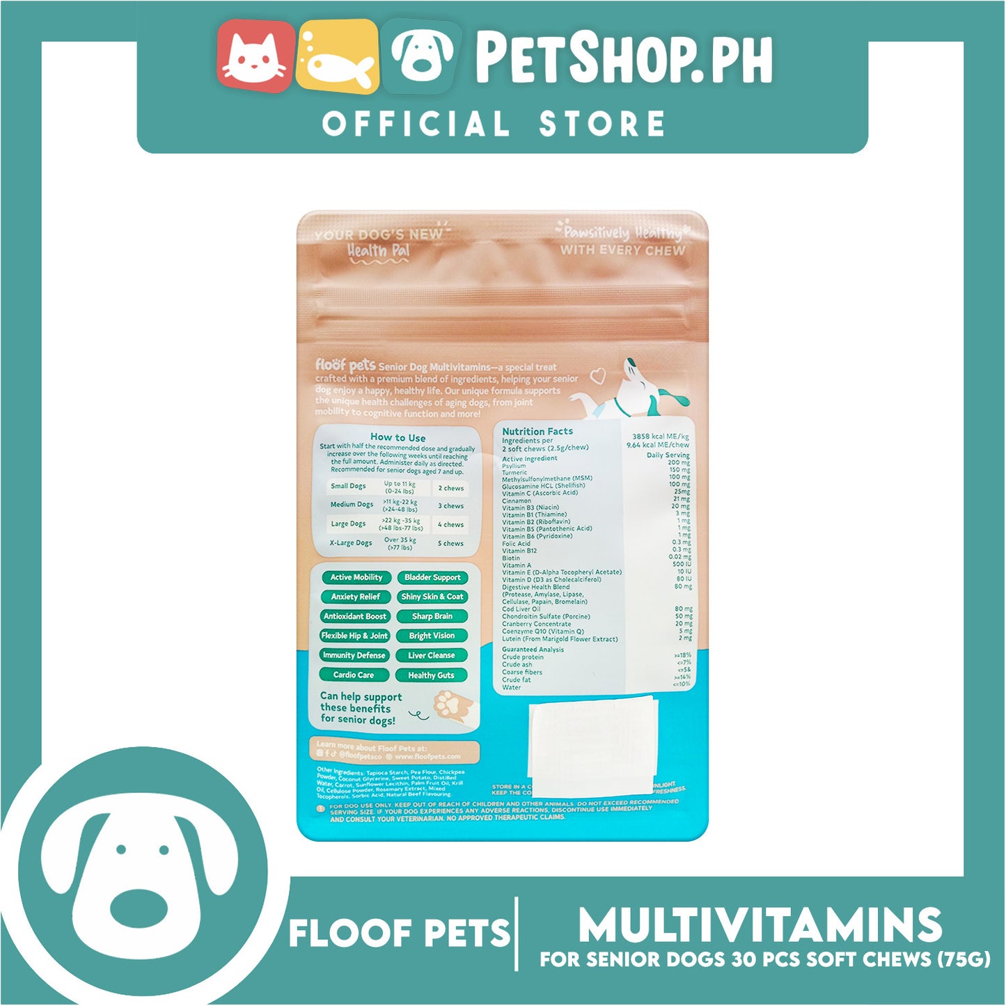 Floof Pets Senior Dog Multivitamins Probiotic and Multivitamin Supplement Soft Chews (Beef Flavor) 75g 2.65oz