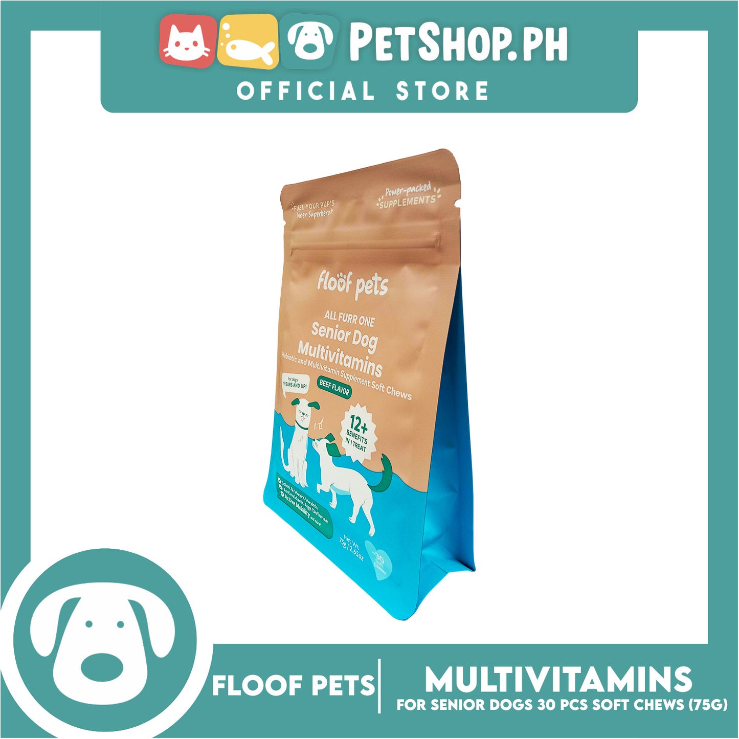 Floof Pets Senior Dog Multivitamins Probiotic and Multivitamin Supplement Soft Chews (Beef Flavor) 75g 2.65oz