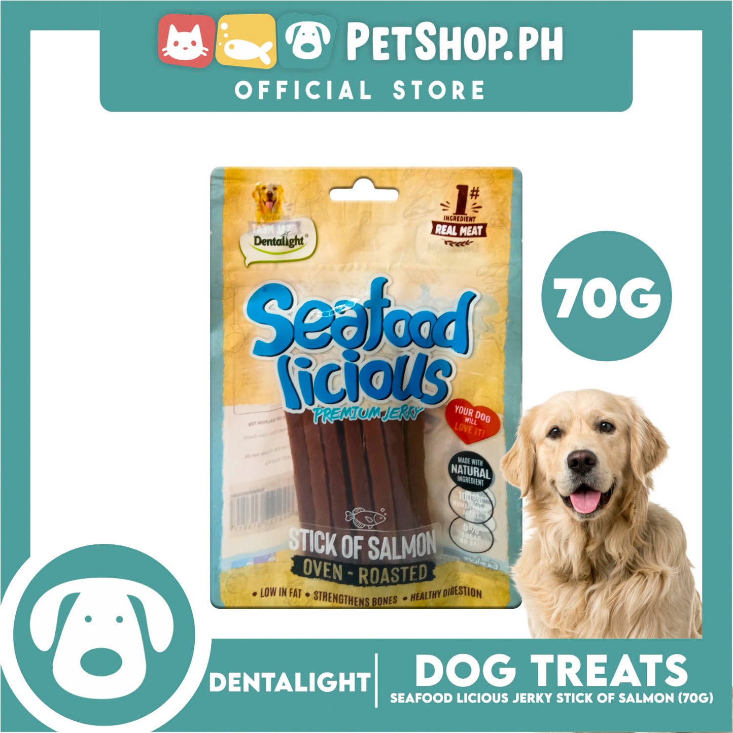 Dentalight Seafood Licious Premium Jerky (Stick of Salmon) Oven-roasted 70grams