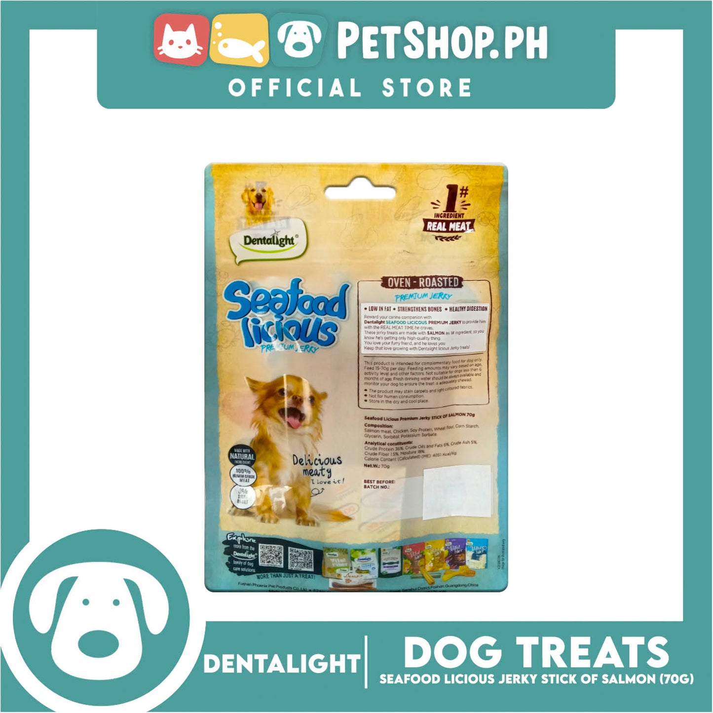 Dentalight Seafood Licious Premium Jerky (Stick of Salmon) Oven-roasted 70grams