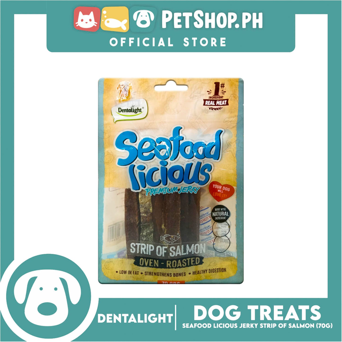 Dentalight Seafood Licious Premium Jerky (Strip of Salmon) Oven-roasted 70grams