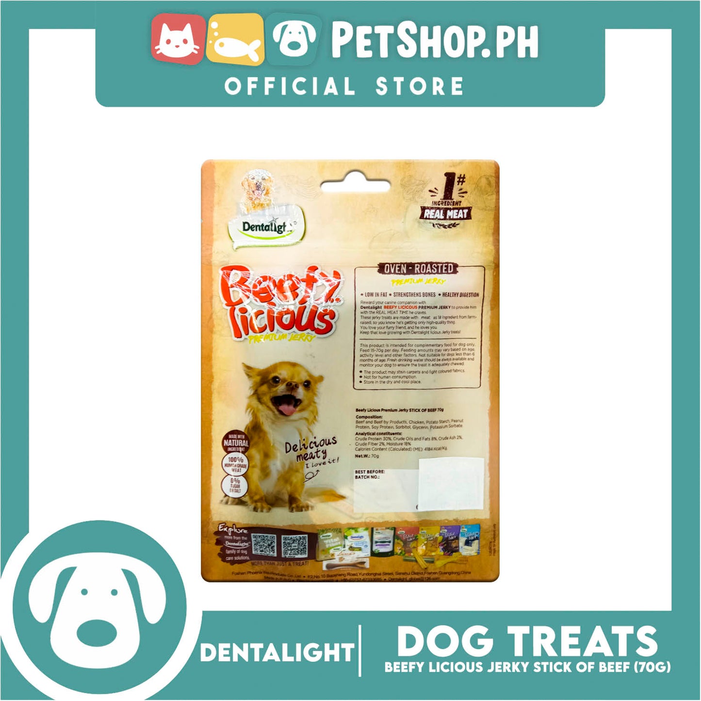 Dentalight Beefy Licious Premium Jerky (Stick of Beef) Oven-roasted 70grams