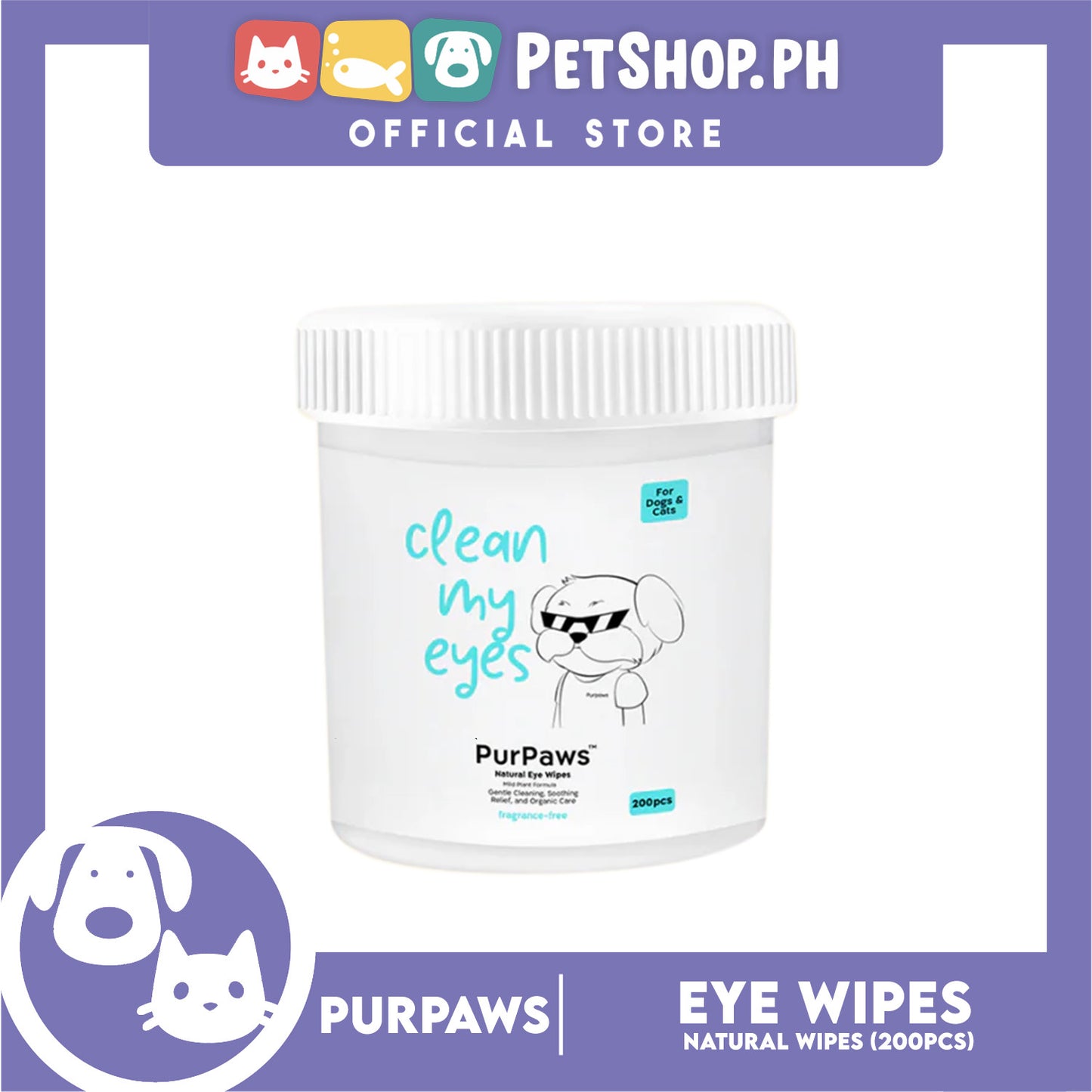 Purpaws Clean My Eyes Organic Pet Dog Cat Eye Wipes 200pcs Sheets Fragrance-Free