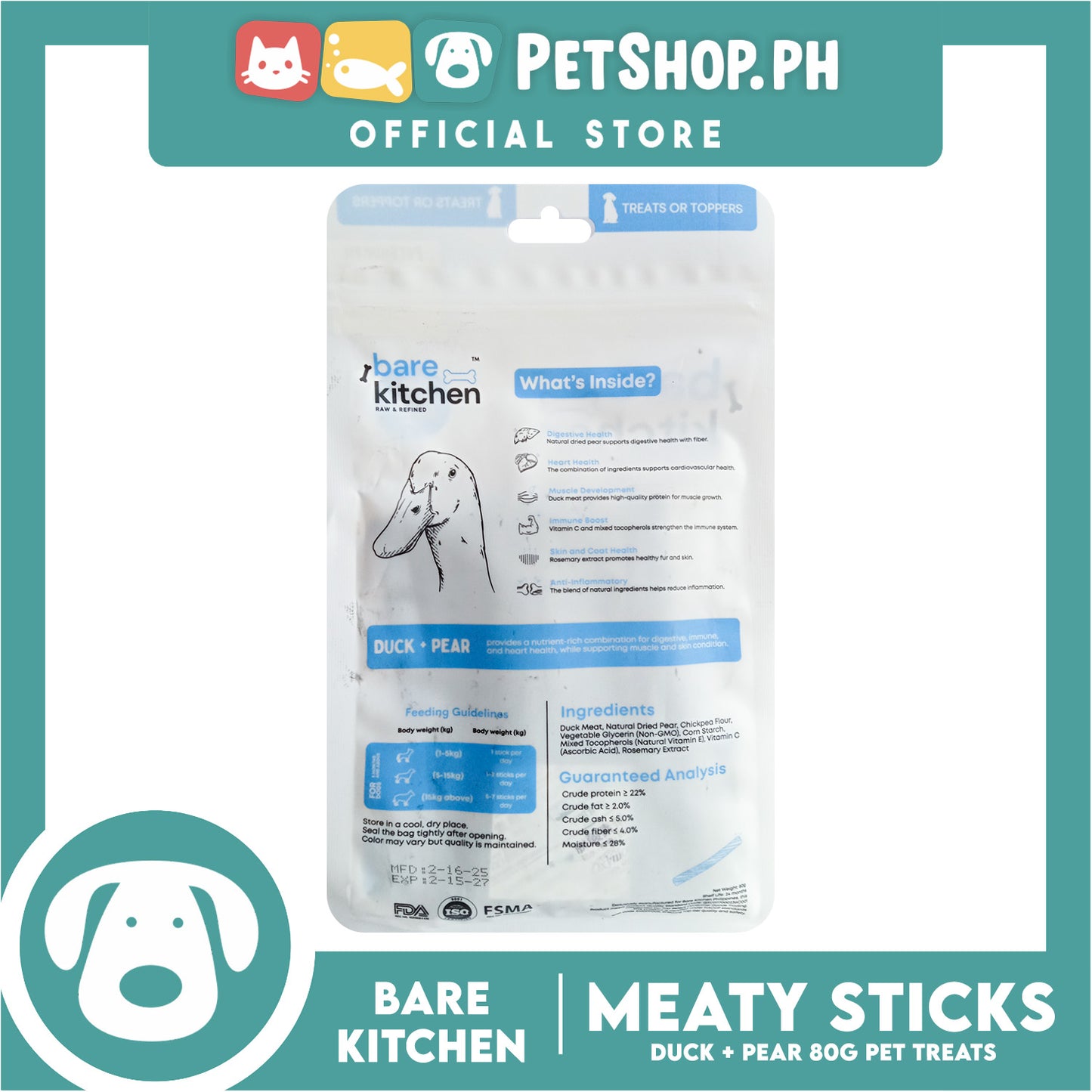 Bare Kitchen Meaty Sticks (Duck + Pear) Premium Meat Cuts Pet Treats 80g