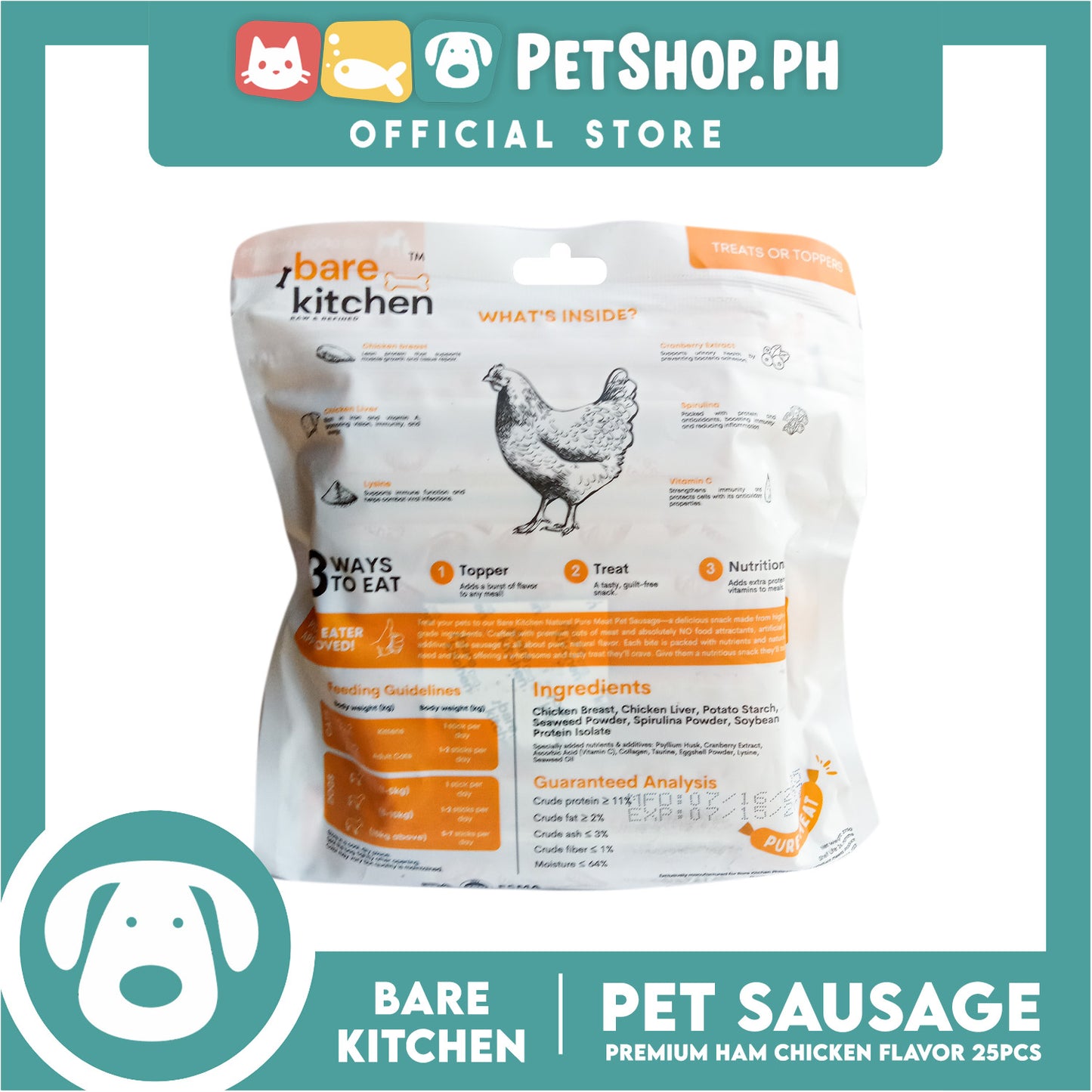Bare Kitchen Premium Ham and Chicken Sausage Dog and Cat Food 25pcs/pack 375g