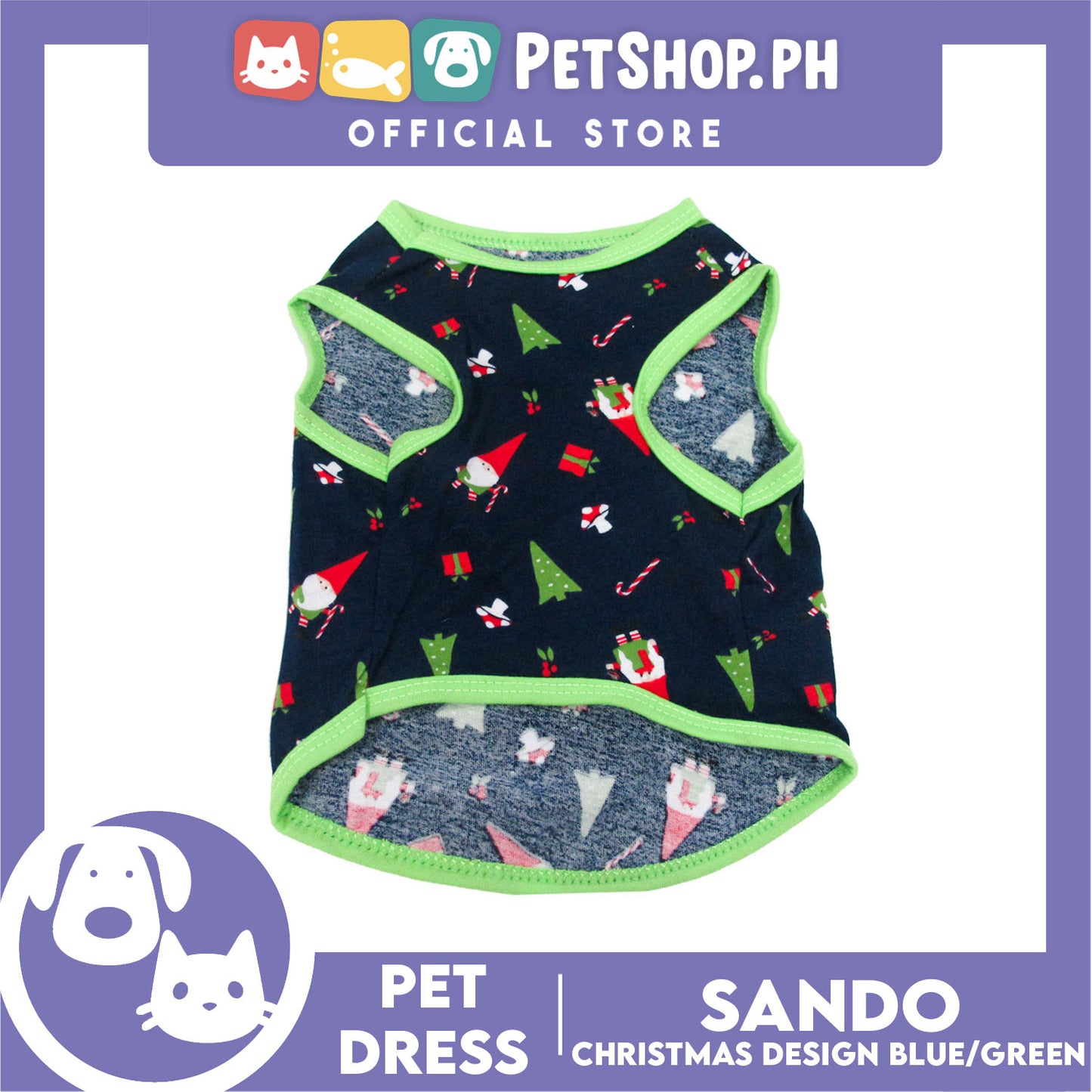 Pet Shirt Blue Christmas Design with Green Piping (Extra Large) Sleeveless for Puppy Small Dog & Cat