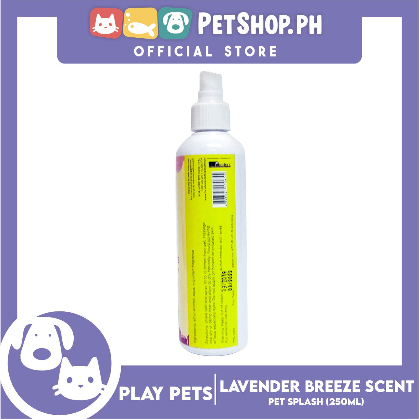 Play Pets, Pet Splash (Lavender Breeze Scent) Pet Cologne 250ml For All Types Of Dogs And Cats