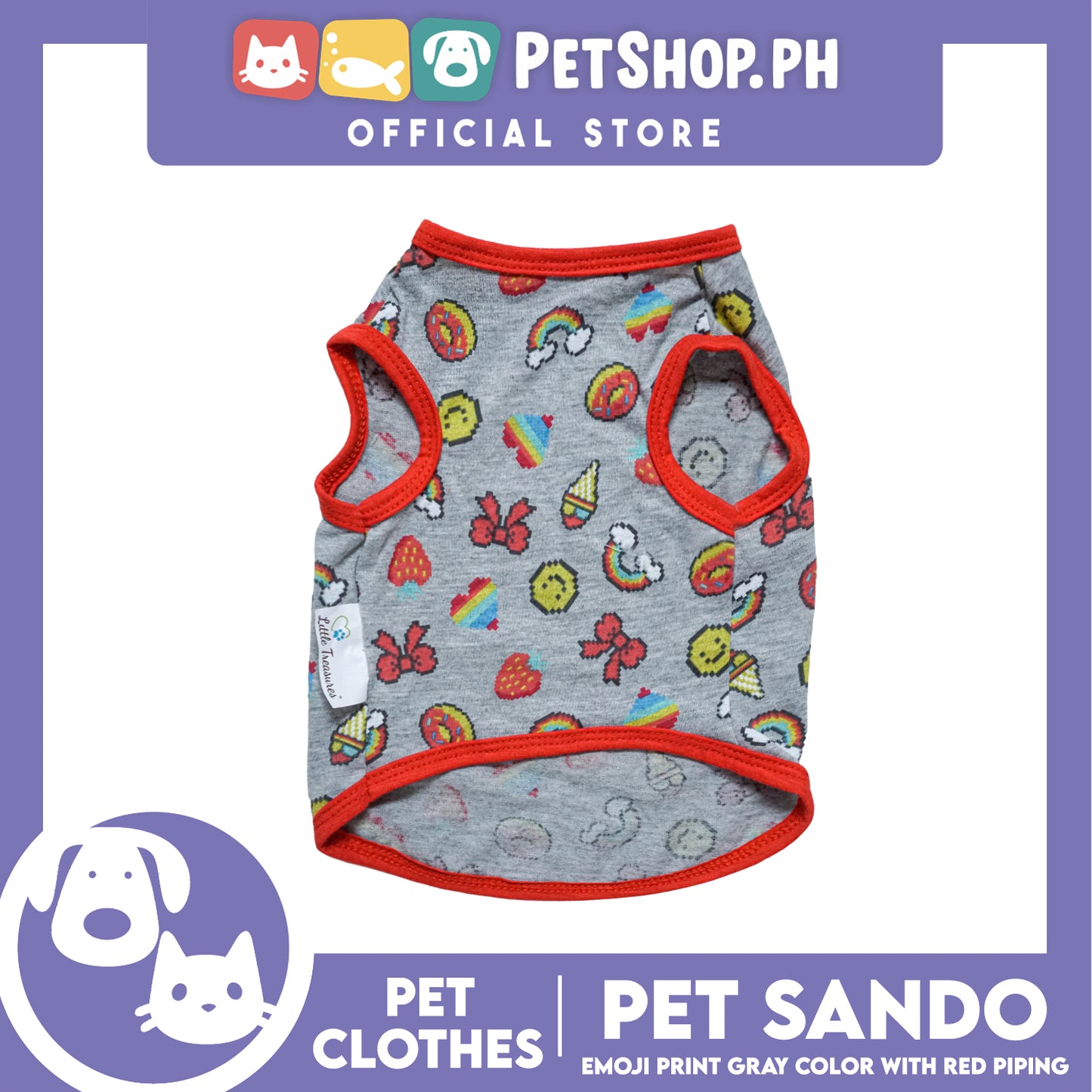 Pet Sando Emoji Print Gray Sando with Red Piping (Small) Perfect Fit for Dogs and Cats