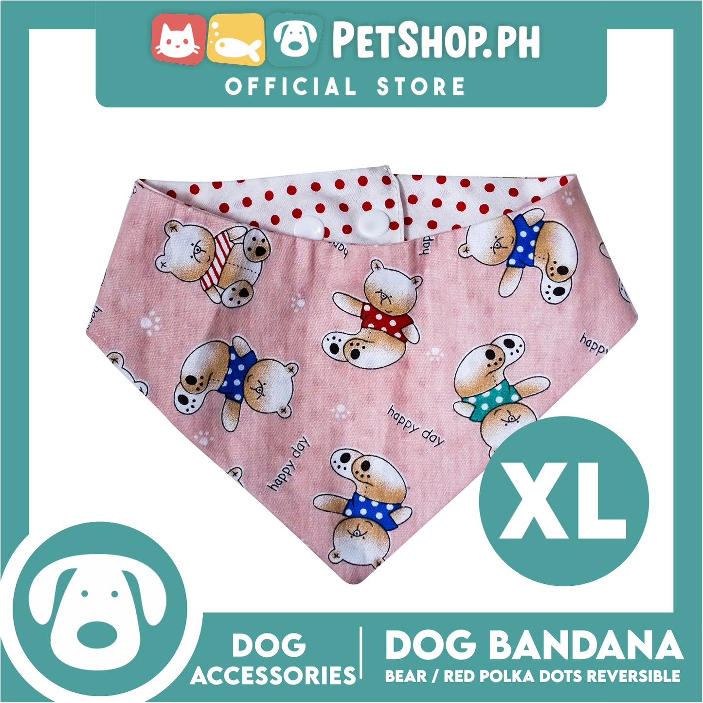 Dog Bandana Bear with Red Polka Dots Design Reversible (Extra Large) Washable Scarf