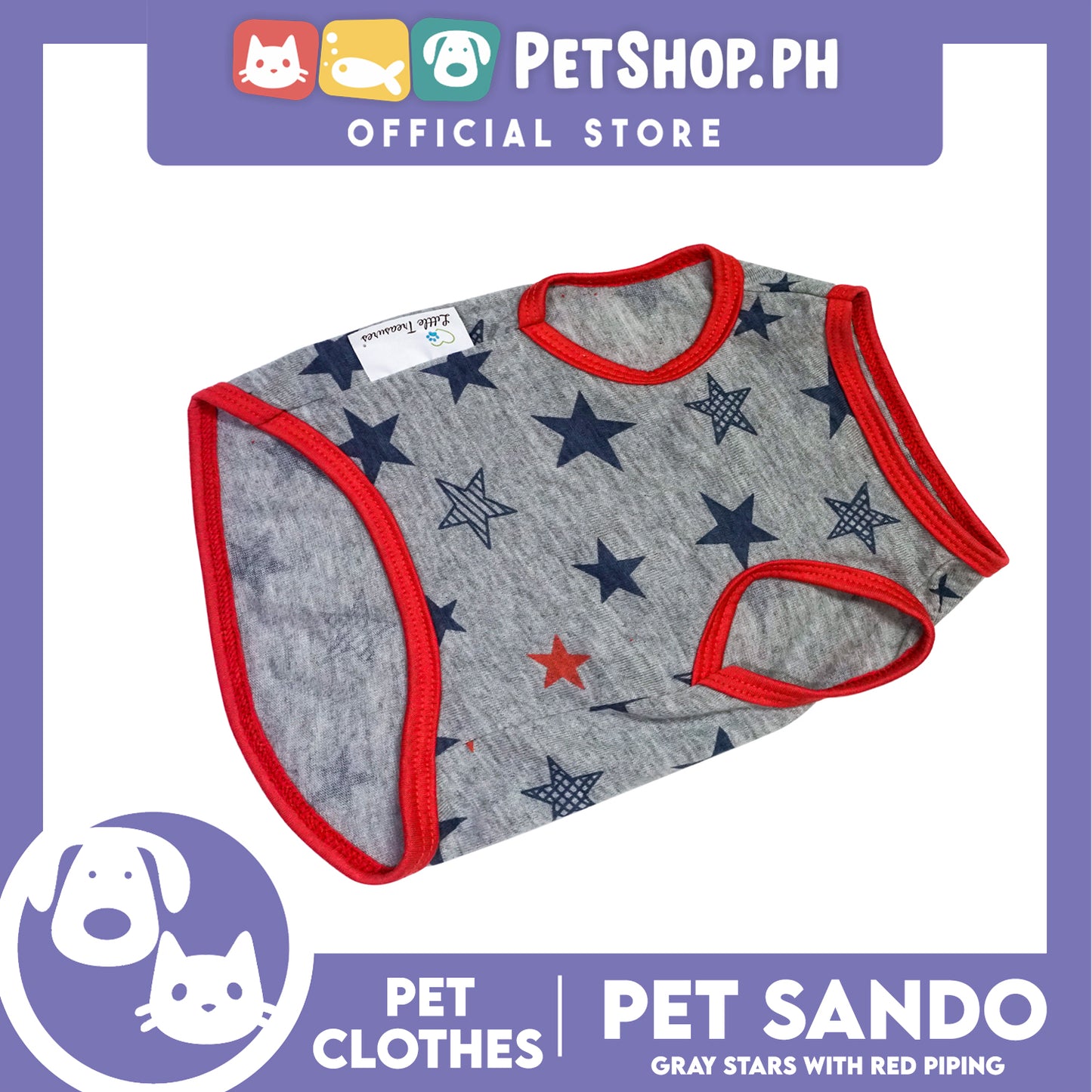Pet Sando Gray Stars with Red Piping (Extra Large) Pet Shirt Clothes Perfect fit for Dogs
