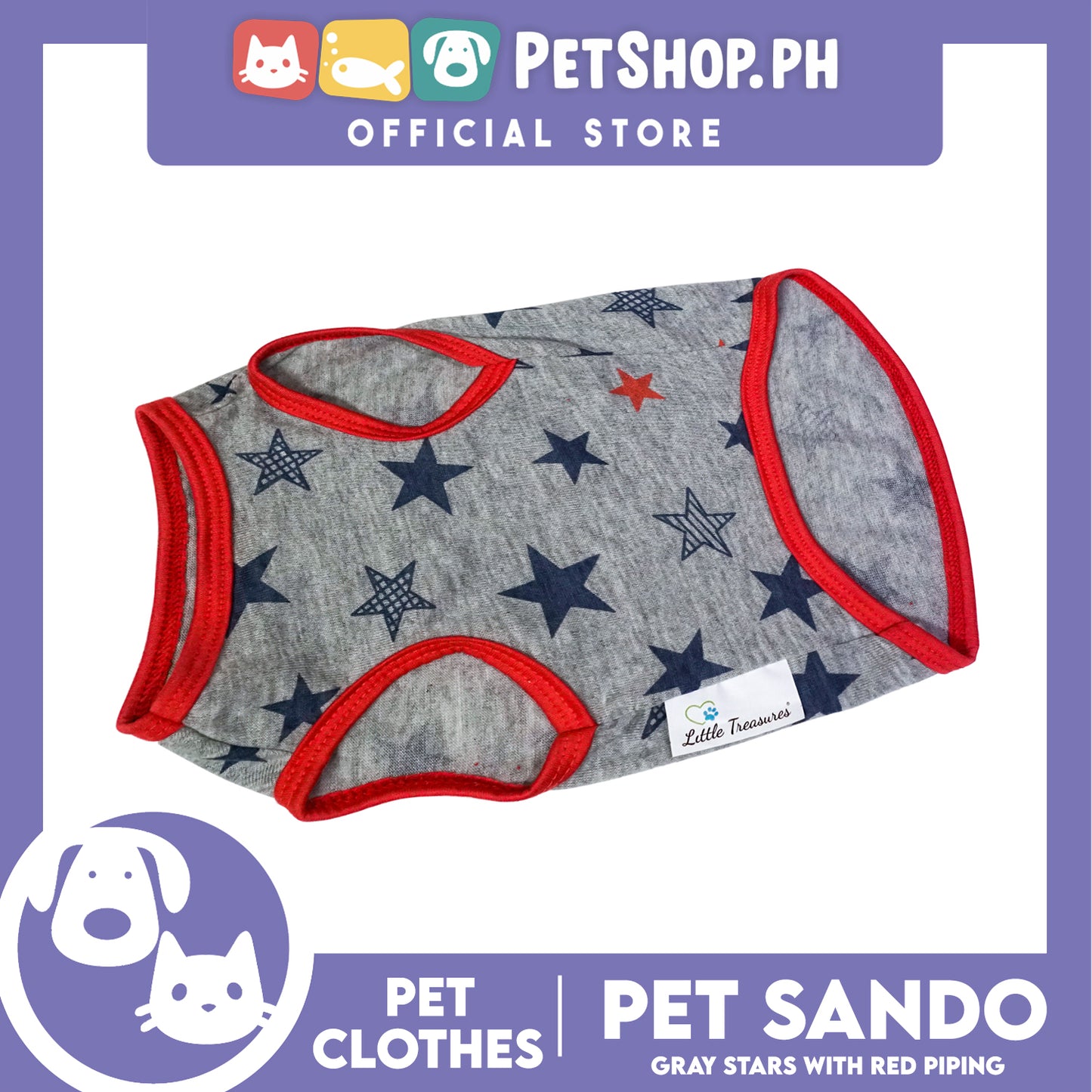 Pet Sando Gray Stars with Red Piping (Small) Pet Shirt Clothes Perfect fit for Dogs