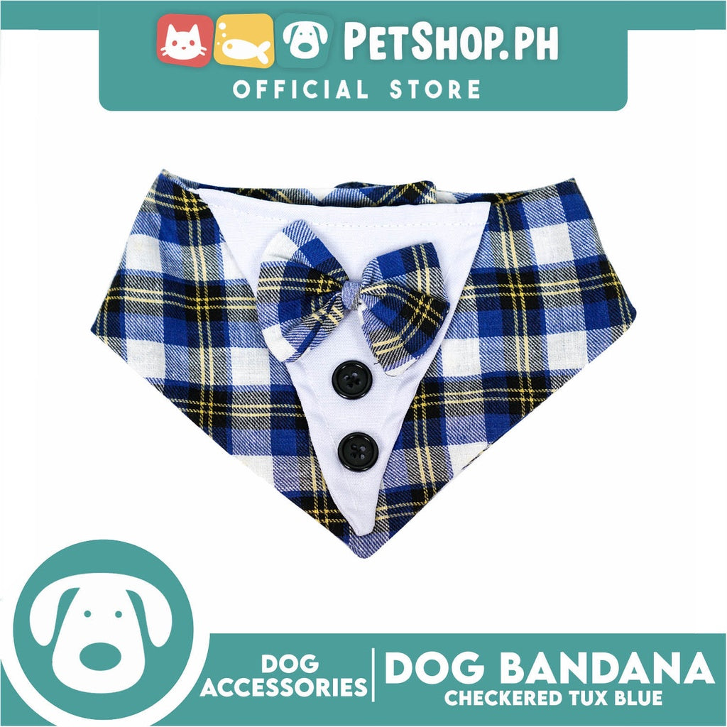Dog Pet Bandana Blue Checkered Tuxedo Design Washable Scarf (Medium)