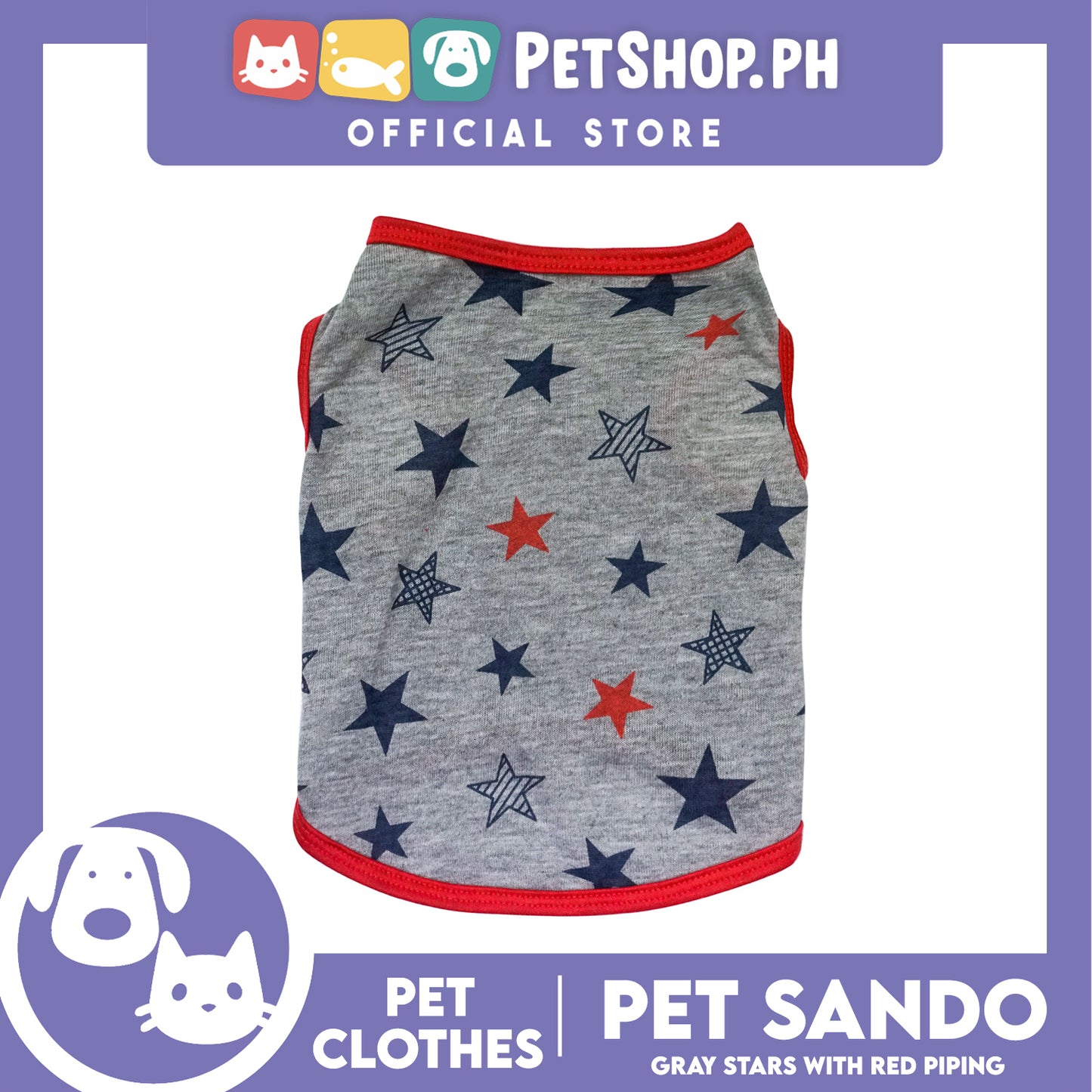 Pet Sando Gray Stars with Red Piping (Small) Pet Shirt Clothes Perfect fit for Dogs