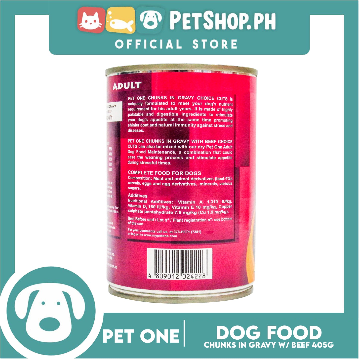 Pet One Adult Wet Canned Dog Food 405g (Chunks In Gravy With Beef, Choice Cuts)