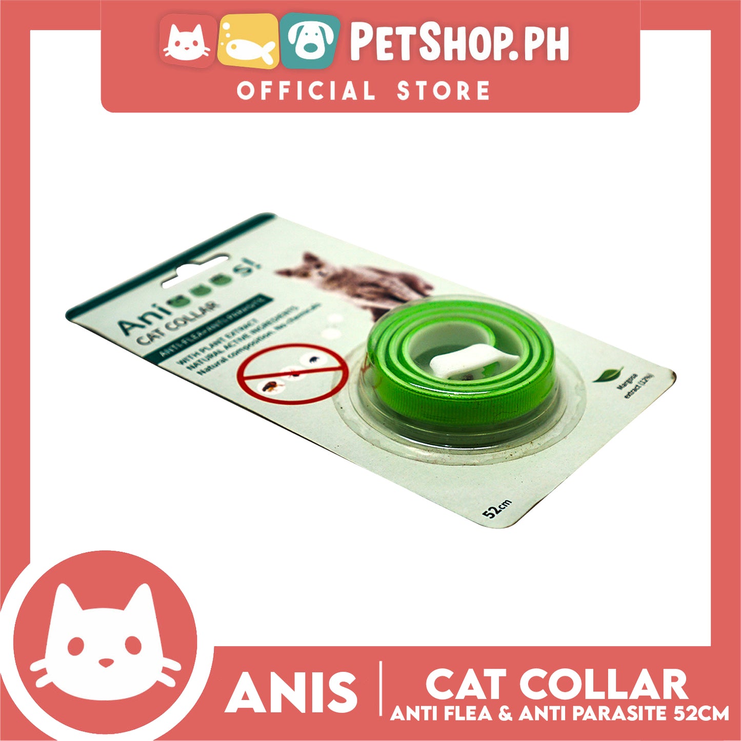 Adjustable Cat Collar Anti-Flea and Anti-Parasite 52cm with 12% Margosa Extract Flea C6713 (Green)
