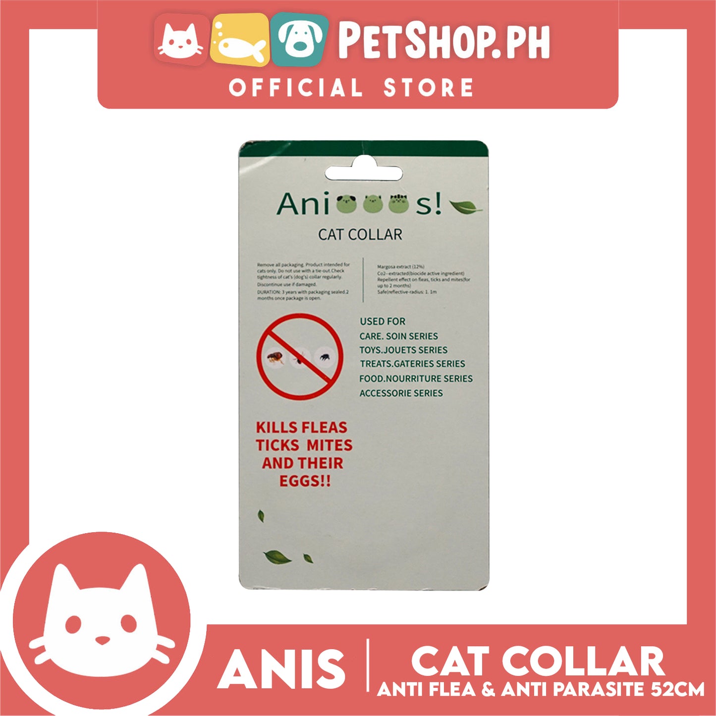 Adjustable Cat Collar Anti-Flea and Anti-Parasite 52cm with 12% Margosa Extract Flea C6713 (Mint)