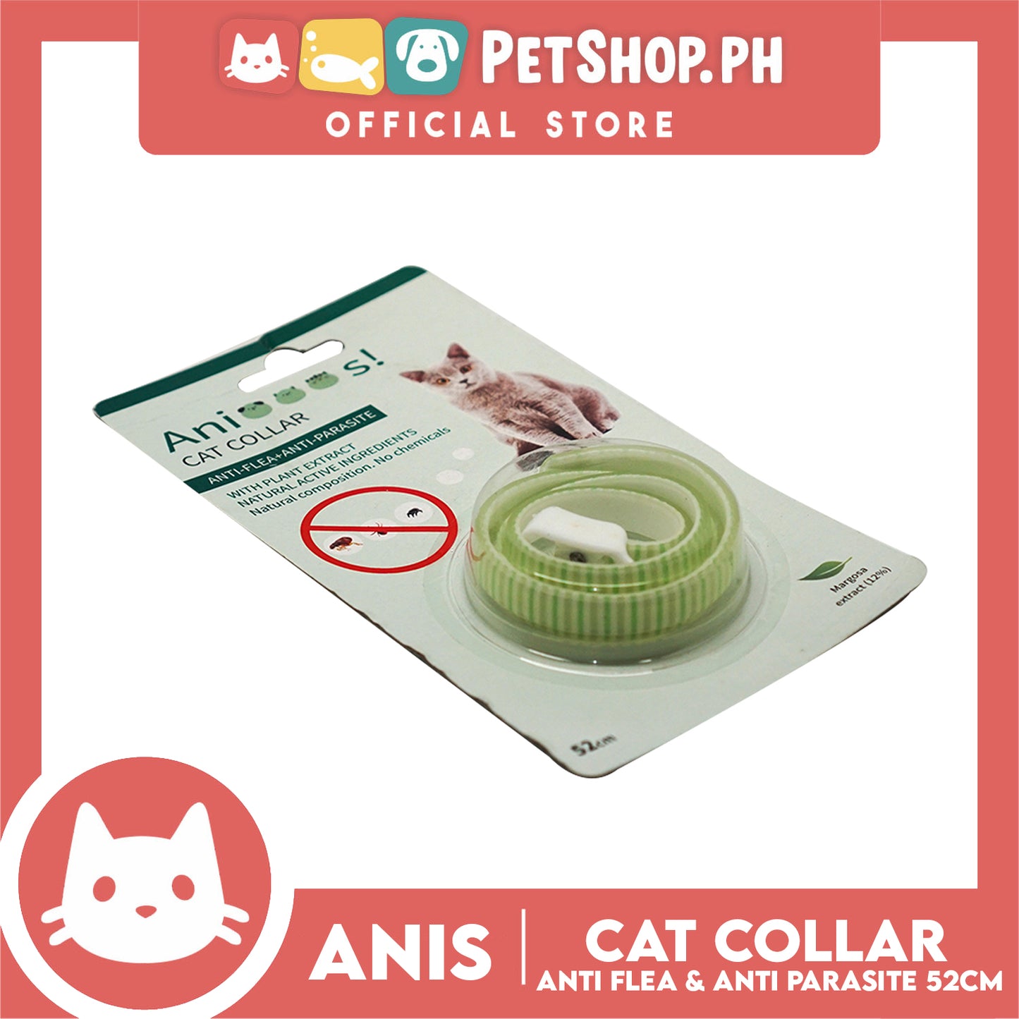 Adjustable Cat Collar Anti-Flea and Anti-Parasite 52cm with 12% Margosa Extract Flea C6713 (Mint)