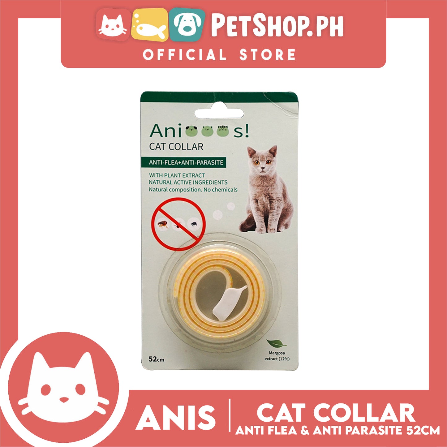 Adjustable Cat Collar Anti-Flea and Anti-Parasite 52cm with 12% Margosa Extract Flea C6713 (Yellow)