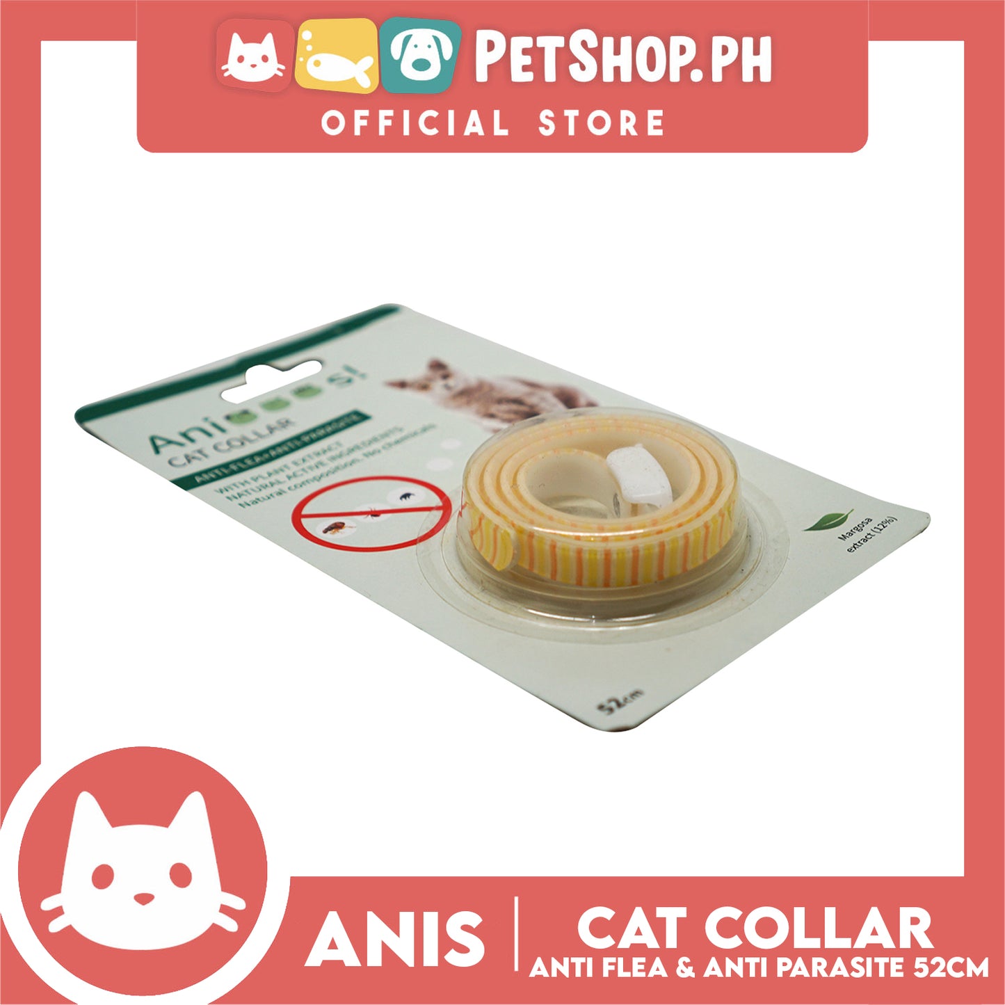 Adjustable Cat Collar Anti-Flea and Anti-Parasite 52cm with 12% Margosa Extract Flea C6713 (Yellow)
