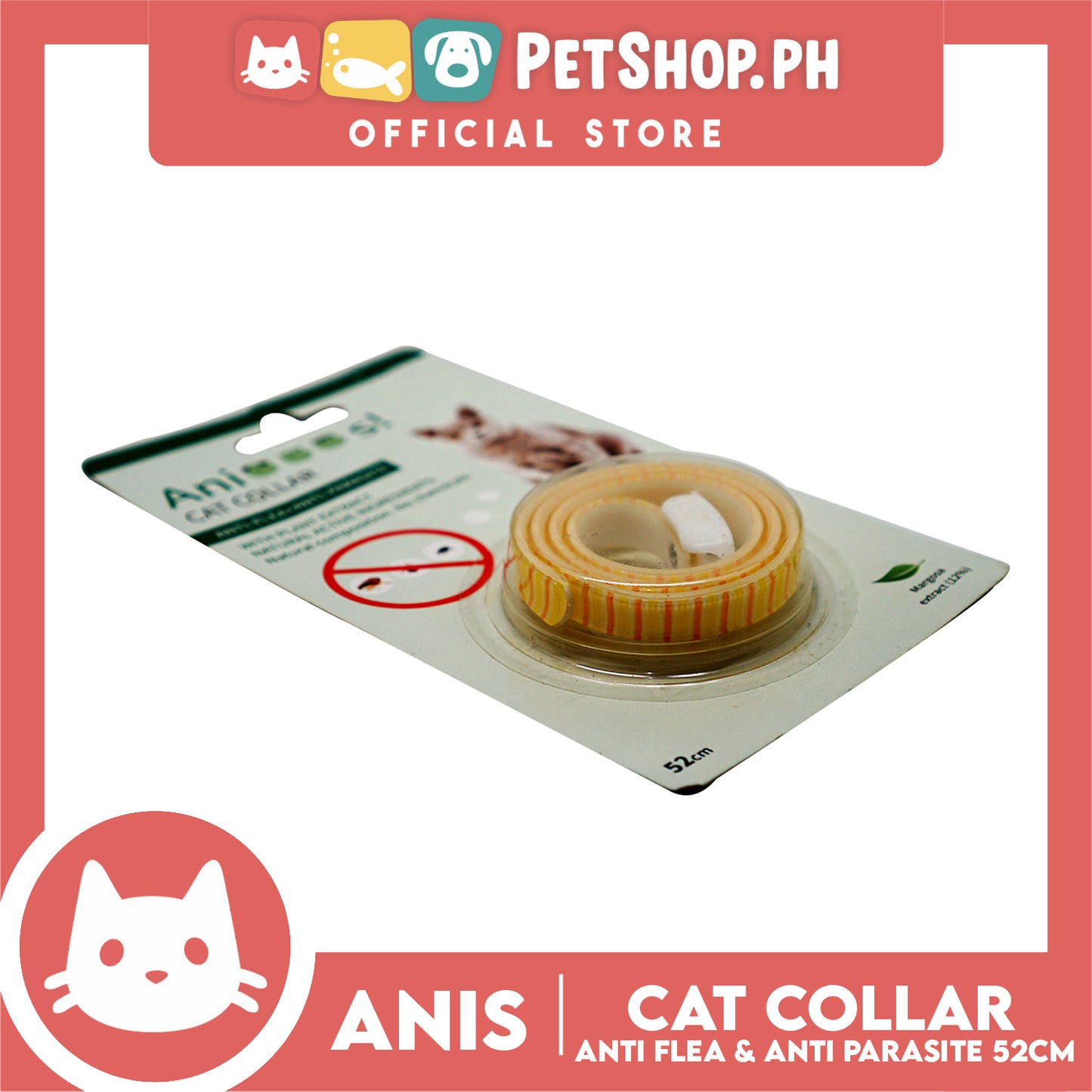 Adjustable Cat Collar Anti-Flea and Anti-Parasite 52cm with 12% Margosa Extract Flea C6713 (Yellow)