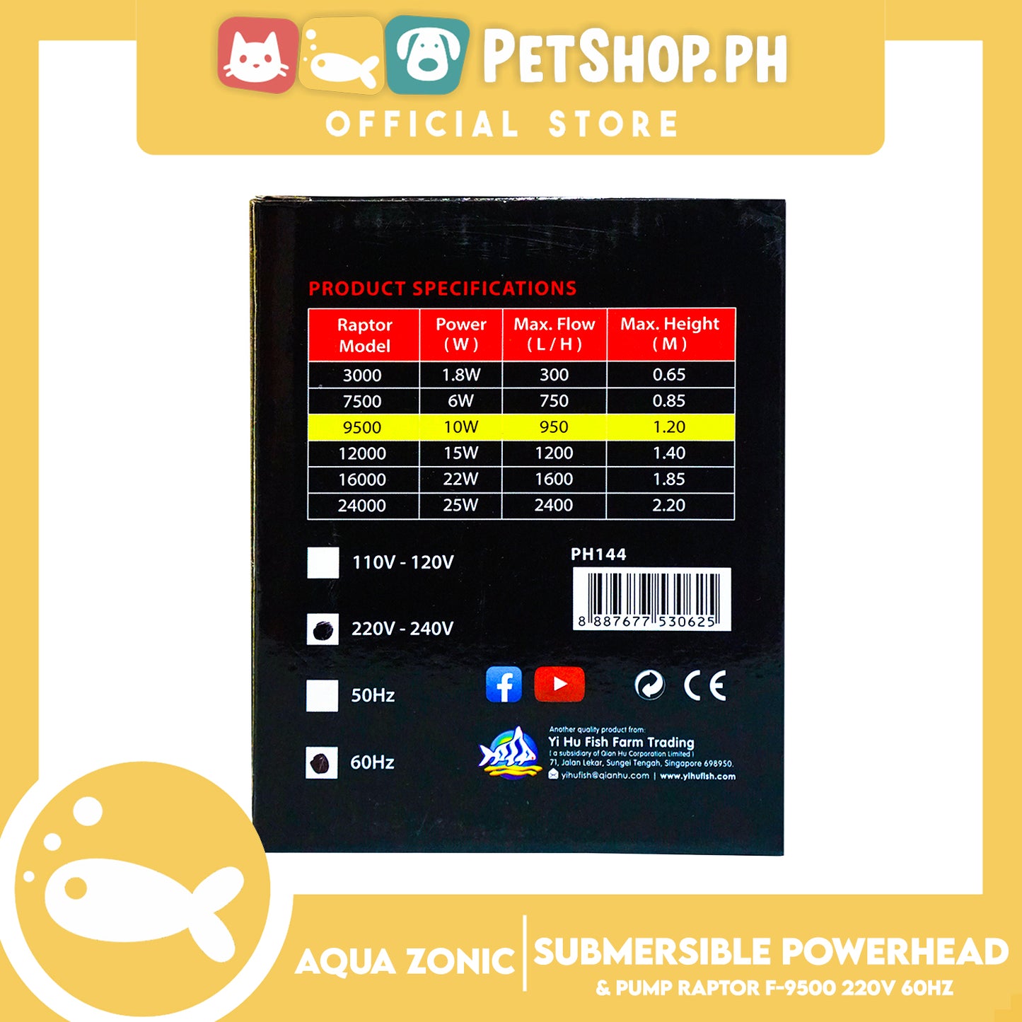 Raptor F-9500 Submersible Filter 10W, Max Flow 950, Max Height 1.20, 220V-240V 60Hz, Durable, Silent, Energy Saving And Strong Performance Fish Tank Filter