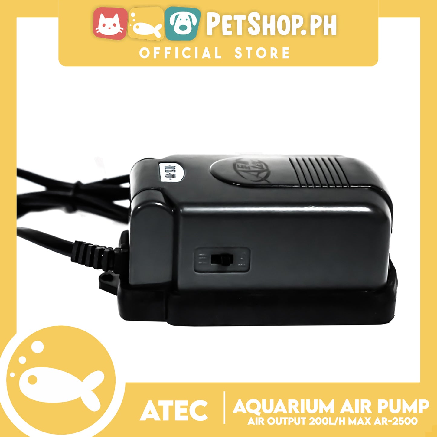 Atec Aquarium Air Pump AR-2500, Aquarium 80-200L, Flow Rate 200L/hr, Pressure 0.02MPa, High Performance Air Pump, Air Output 200 Litre Max, Safe And Quiet Operation, 2 Speed Control, Single Outlet