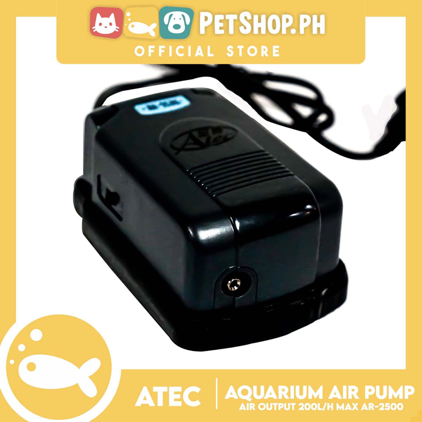 Atec Aquarium Air Pump AR-2500, Aquarium 80-200L, Flow Rate 200L/hr, Pressure 0.02MPa, High Performance Air Pump, Air Output 200 Litre Max, Safe And Quiet Operation, 2 Speed Control, Single Outlet