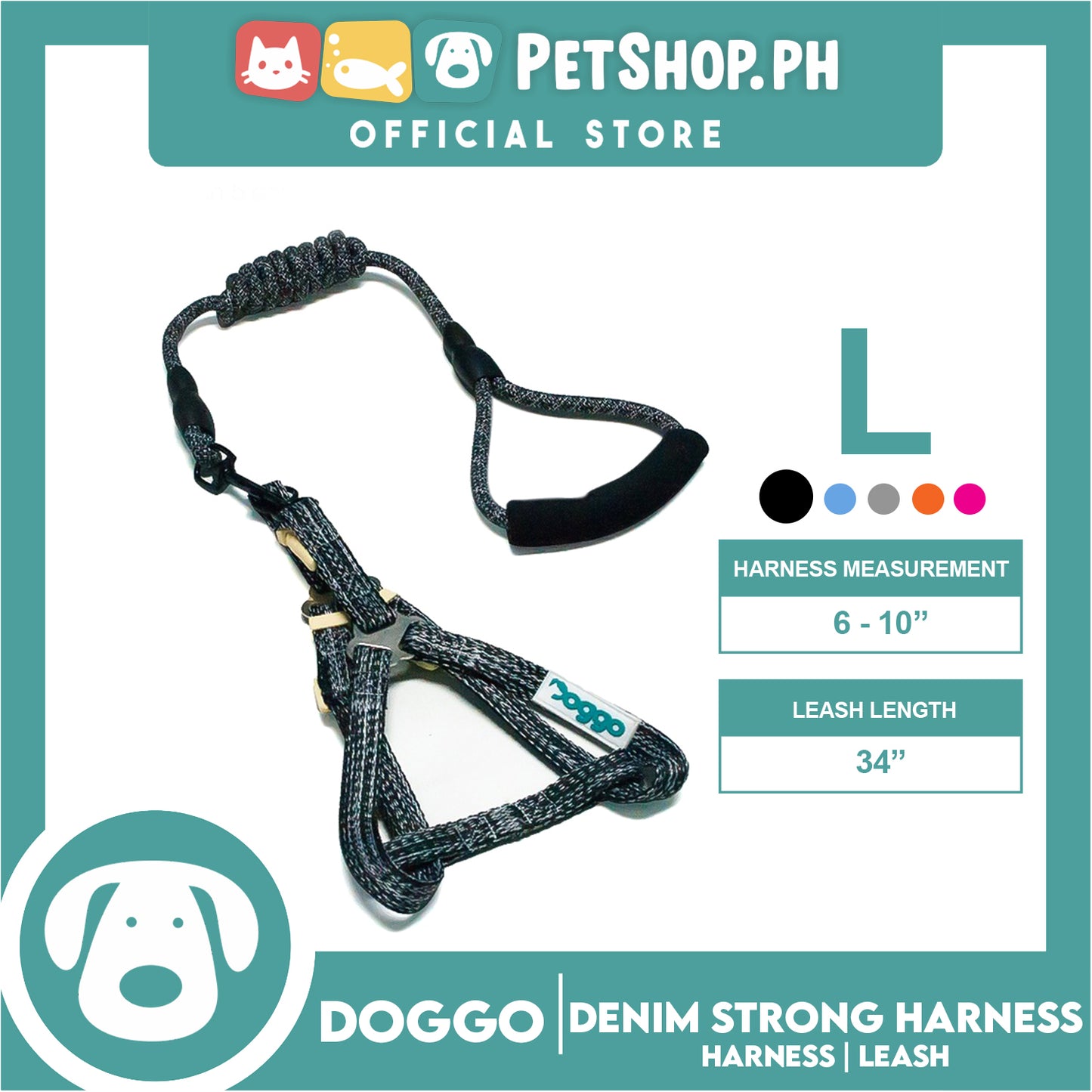 Doggo Atlanta Strong Harness and Leash Set Large (Black)