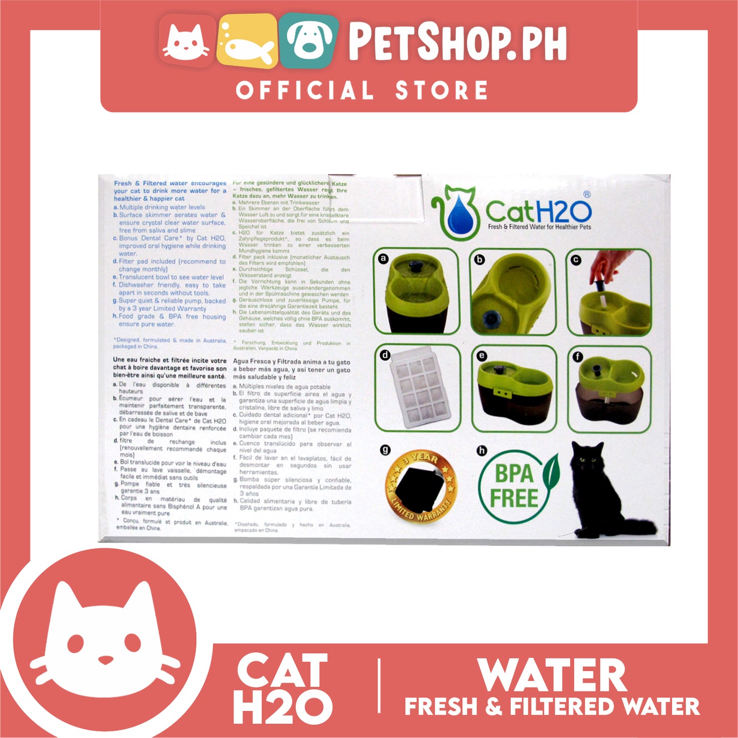 Cat H2o 2 Liters Water Fountain BPA Free with Filter and Dental Care