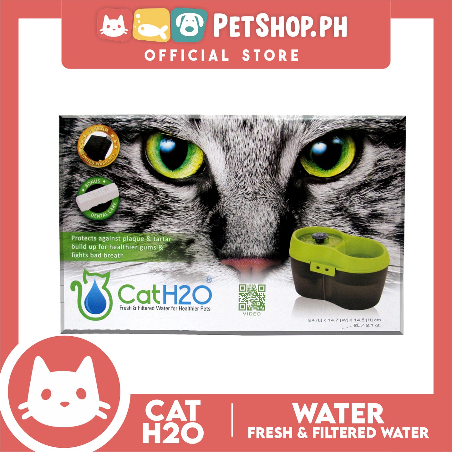Cat H2o 2 Liters Water Fountain BPA Free with Filter and Dental Care