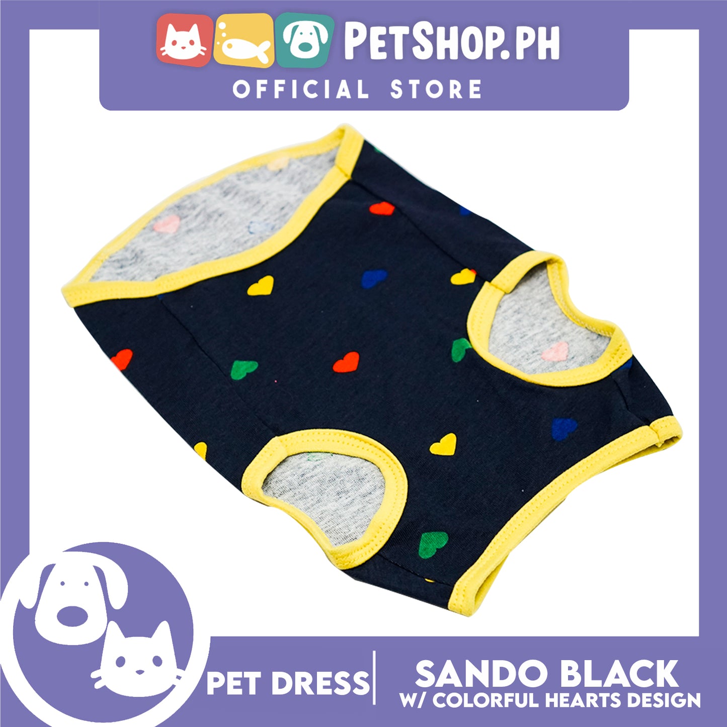 Pet Cloth Black Sando with Colorful Hearts Design