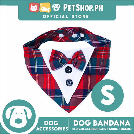 Dog Pet Bandana (Small) Red Checkered Plaid Fabric Tuxedo Design Washable Scarf