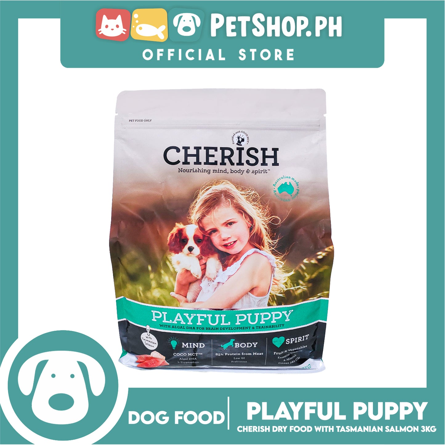 Cherish Nourishing Mind, Body And Spirit Playful Puppy With Tasmanian Salmon 3kg With Algal DHA For Brain Development And Trainability Puppy Food, Dog Food, Dog Dry Food