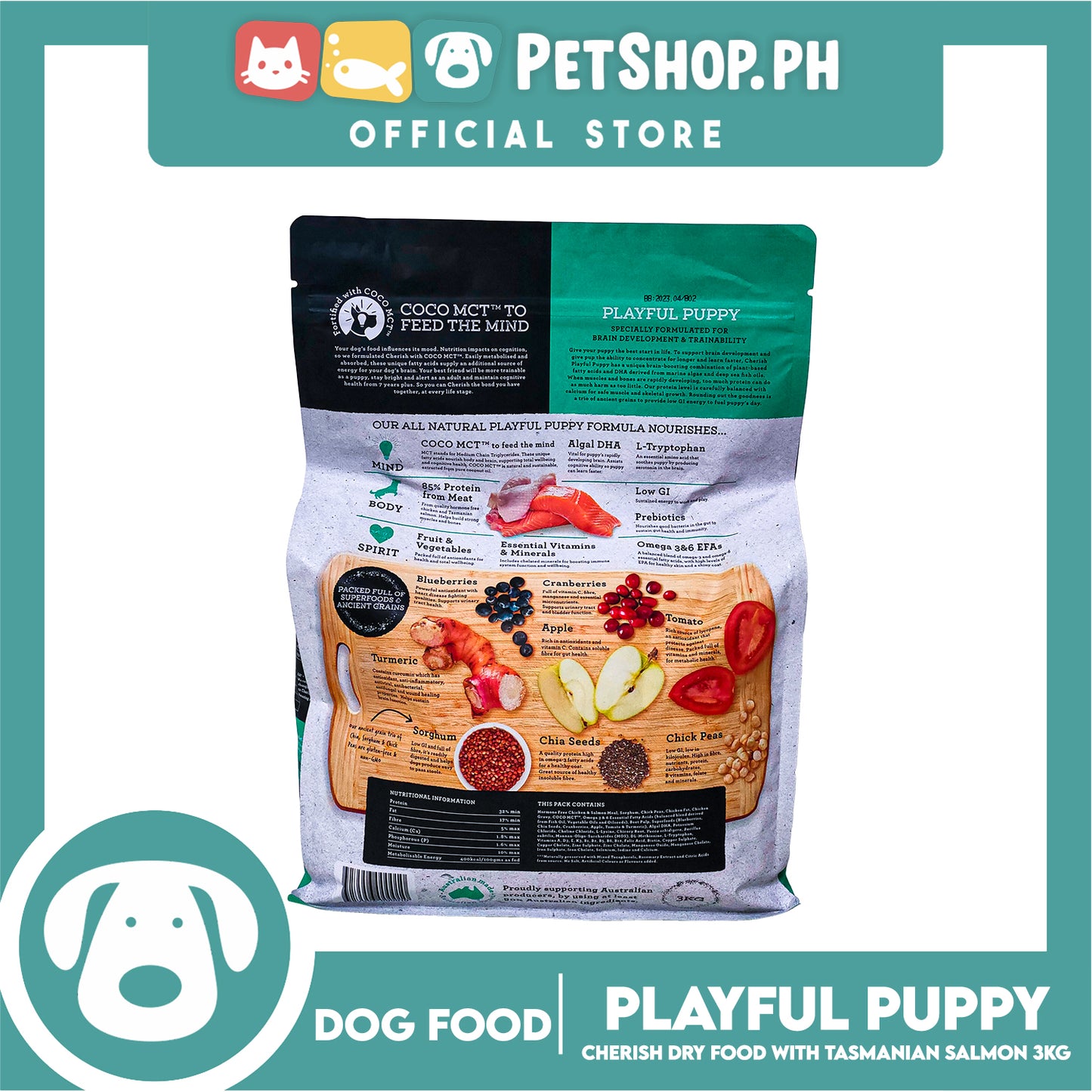 Cherish Nourishing Mind, Body And Spirit Playful Puppy With Tasmanian Salmon 3kg With Algal DHA For Brain Development And Trainability Puppy Food, Dog Food, Dog Dry Food