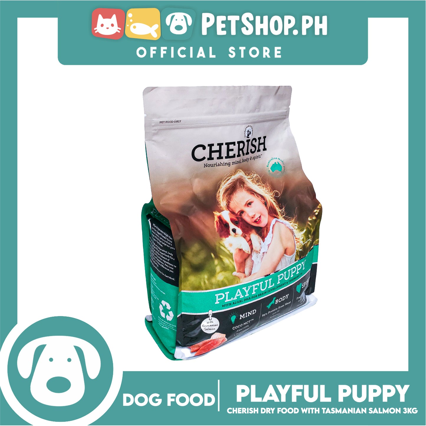 Cherish Nourishing Mind, Body And Spirit Playful Puppy With Tasmanian Salmon 3kg With Algal DHA For Brain Development And Trainability Puppy Food, Dog Food, Dog Dry Food