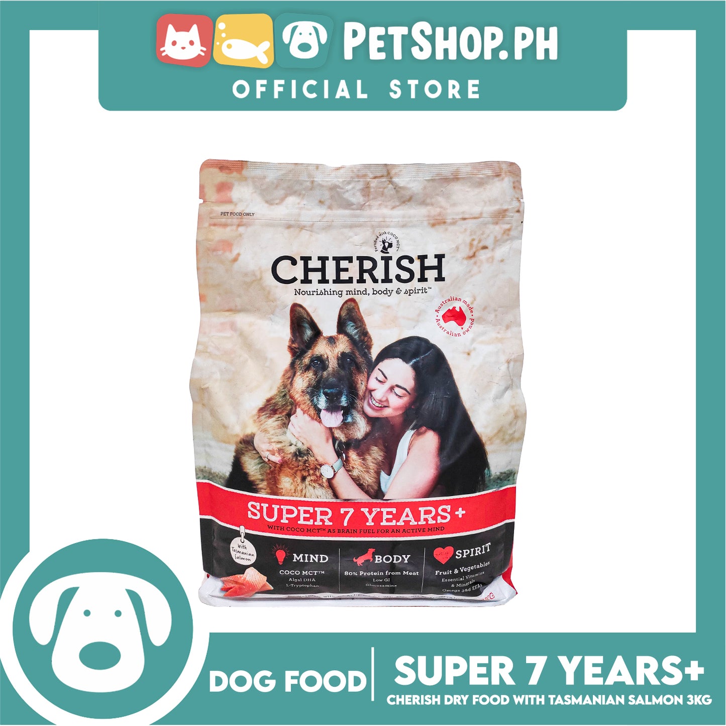 Cherish Nourishing Mind, Body And Spirit Super 7 Years+ With Tasmanian Salmon 3kg With Coco MCT As Brain Fuel Activite Mind Dog Food, Dog Dry Food