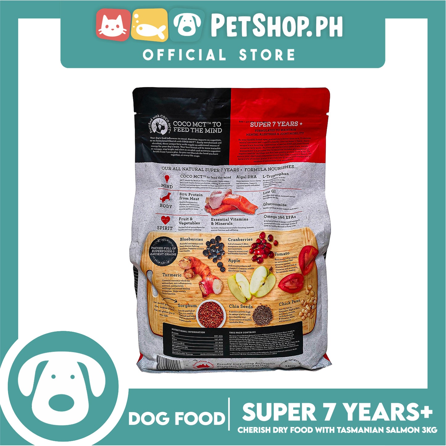 Cherish Nourishing Mind, Body And Spirit Super 7 Years+ With Tasmanian Salmon 3kg With Coco MCT As Brain Fuel Activite Mind Dog Food, Dog Dry Food