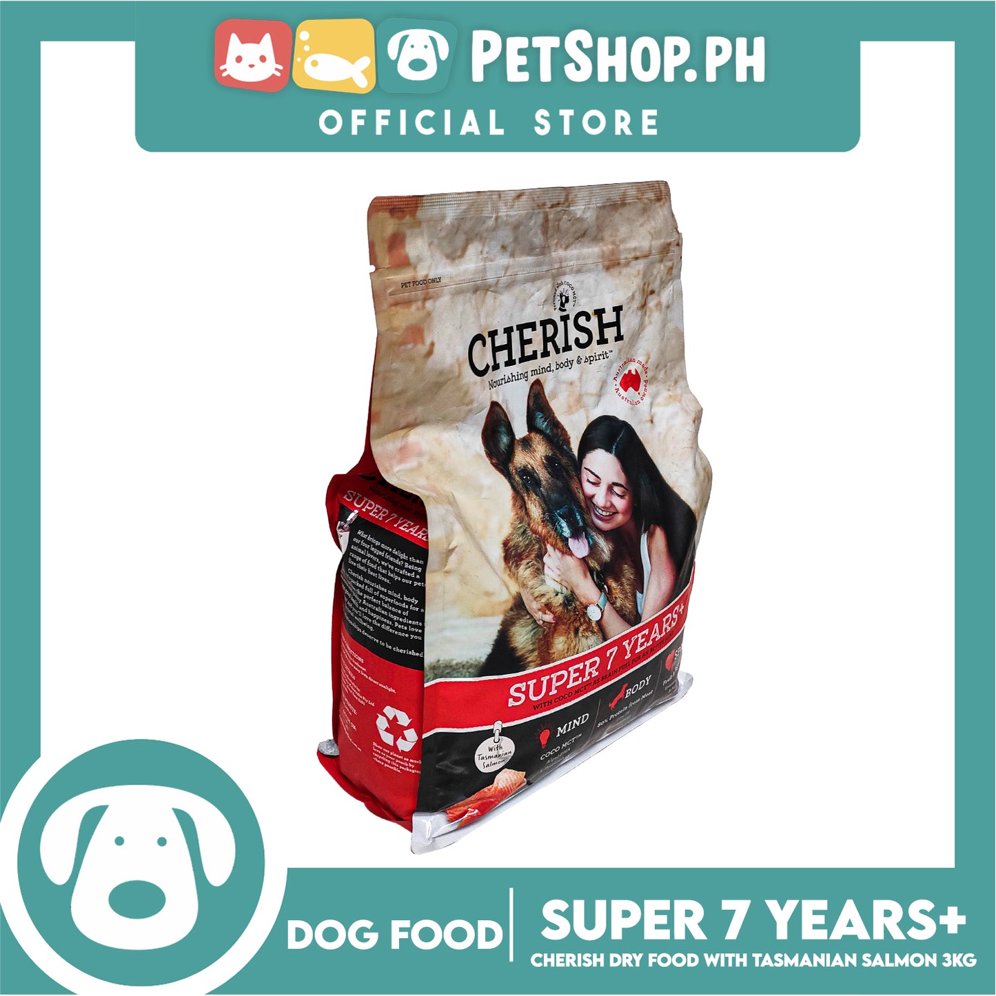 Cherish Nourishing Mind, Body And Spirit Super 7 Years+ With Tasmanian Salmon 3kg With Coco MCT As Brain Fuel Activite Mind Dog Food, Dog Dry Food