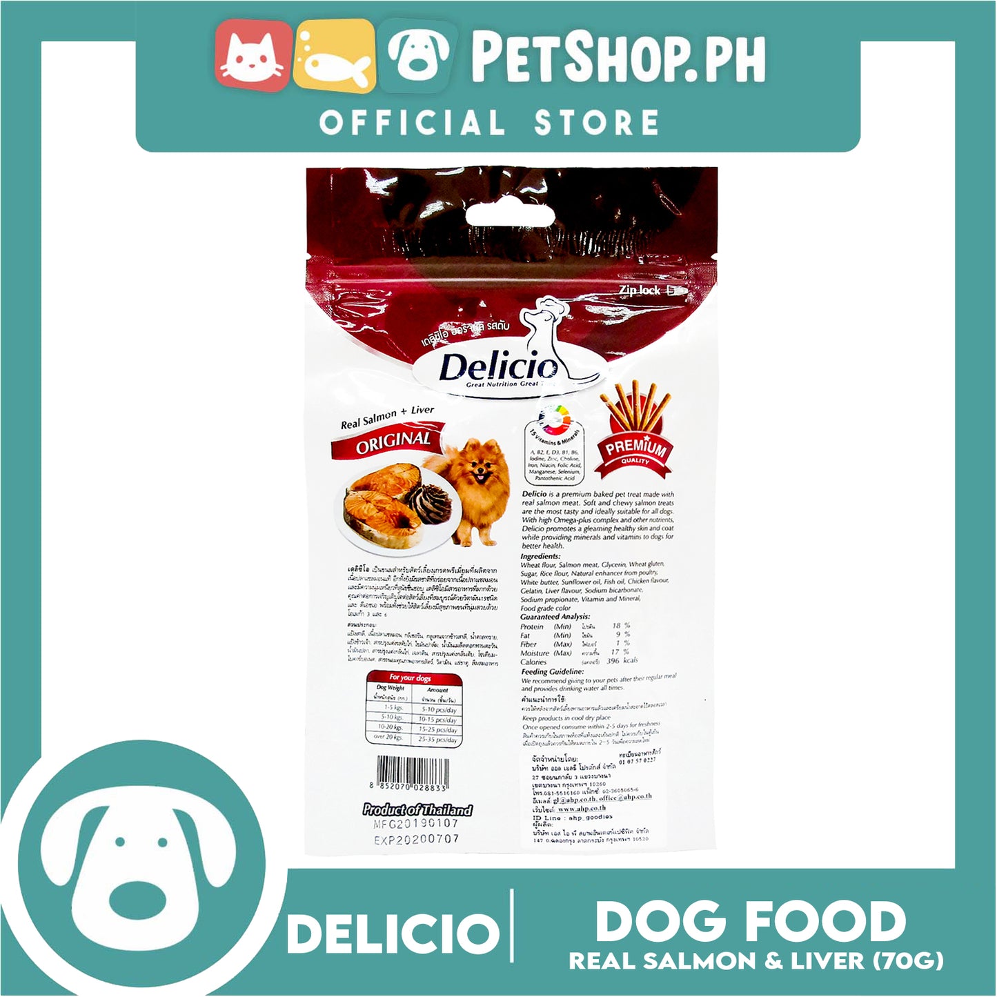 Delicio Original Great Nutrition Great Time 70g (Real Salmon + Liver) Dog Food, Dog Treats, Dog Snack
