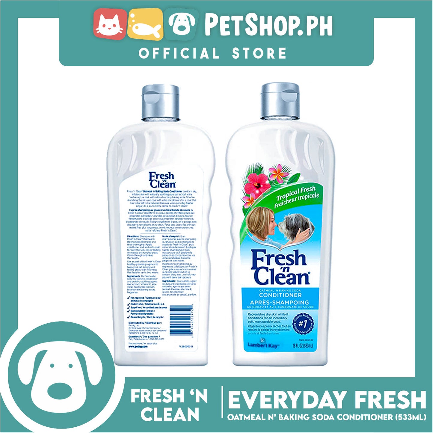 Lambert Kay Fresh 'N Clean 2-in-1 Oatmeal and Baking Soda Conditioner for Dogs 18oz (Tropical Fresh)