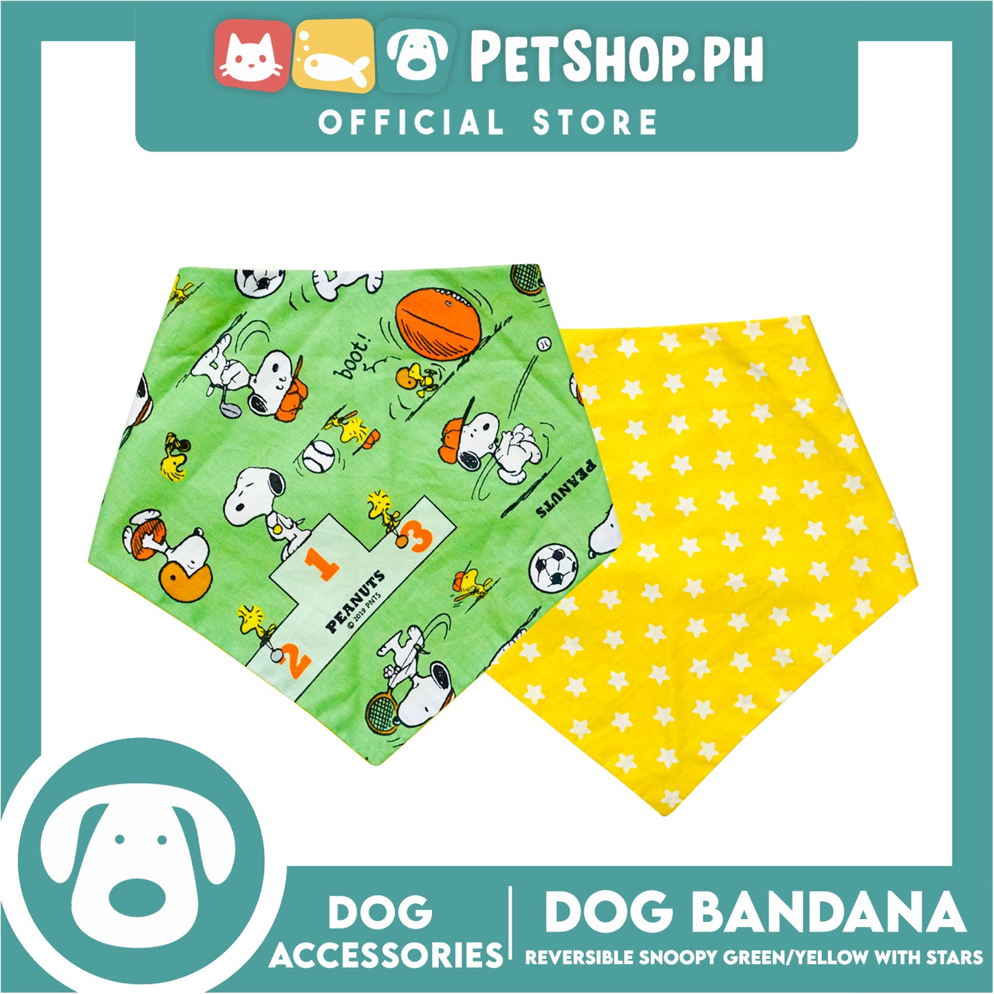 Dog Pet Bandana (Large) Reversible Snoopy Green/Yellow with Stars Washable Scarf